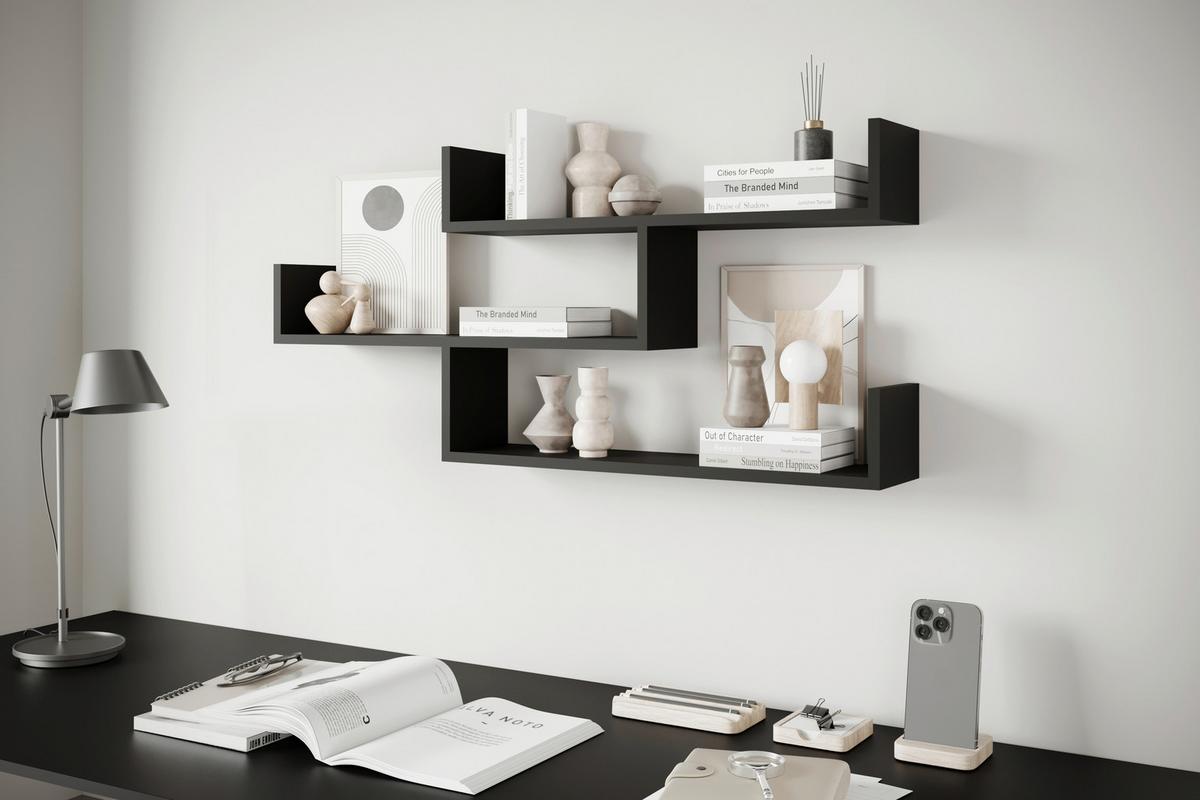 Wandregal Trio Schwarz B: 119,1cm - Schwarz, Basics, Holzwerkstoff (119,1/55/18cm)