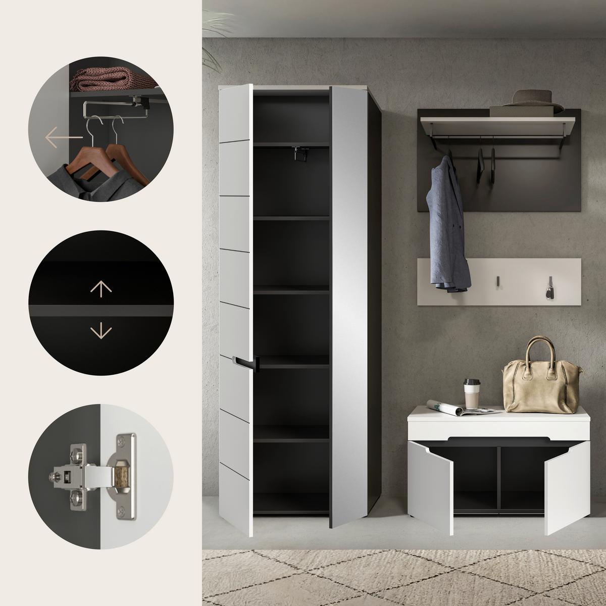 Garderobe Canu 3-Teilig Grau/Weiß B: 160 cm - Weiß/Grau, Design, Holzwerkstoff (160/190/37cm) - Livetastic