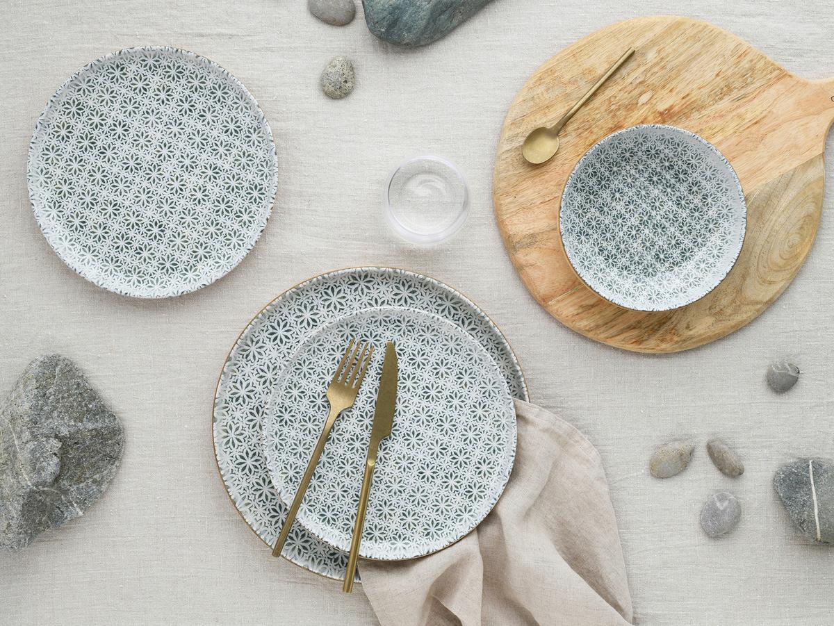 Tafelservice Uno Emiliana 12--Teilig., Creme, Grün - Creme/Grau, Basics, Keramik - Creatable