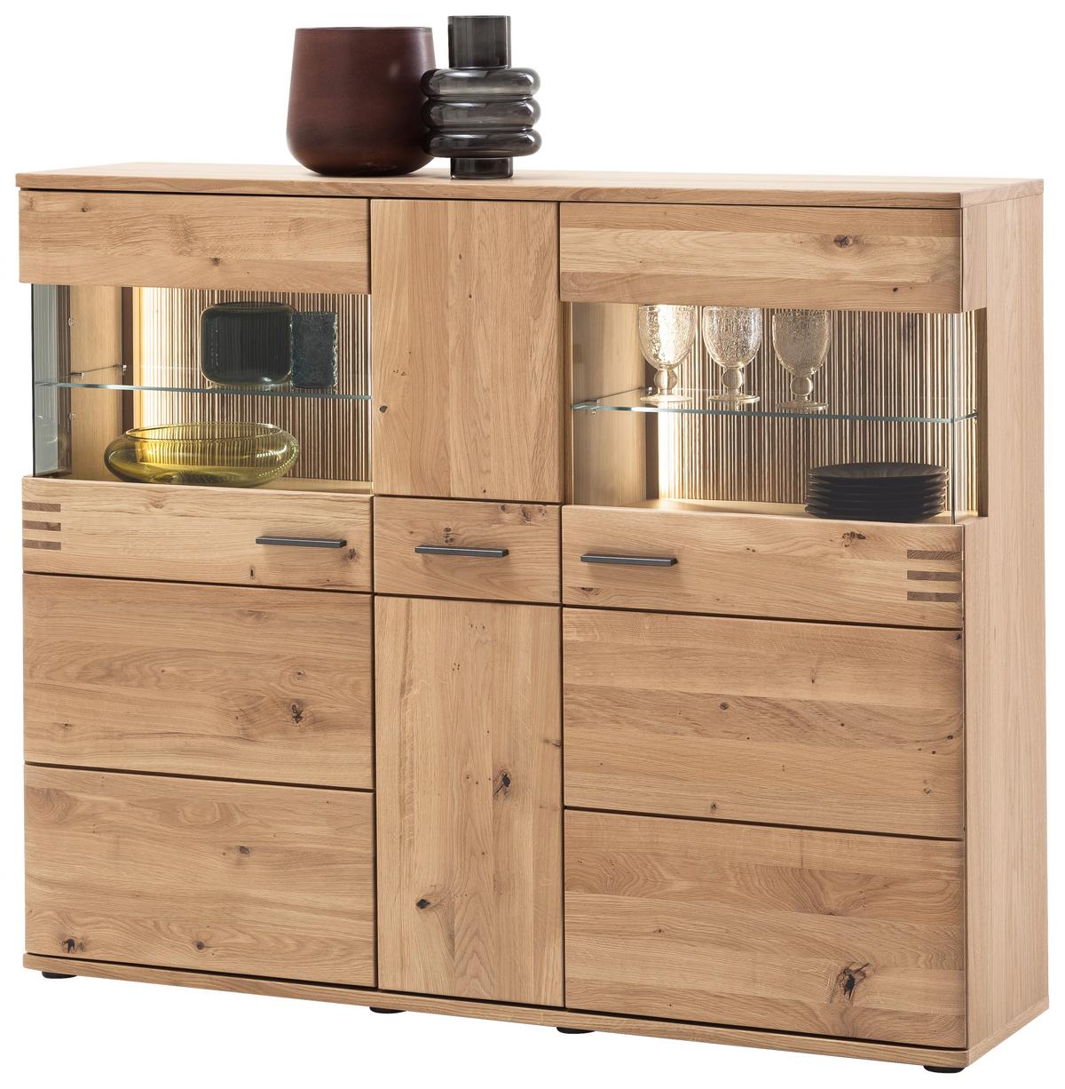 Highboard teilmassiv B: 150 cm Salvador Eichefarben - Eichefarben/Schwarz, Design, Glas/Holz (150/121/37cm) - Livetastic