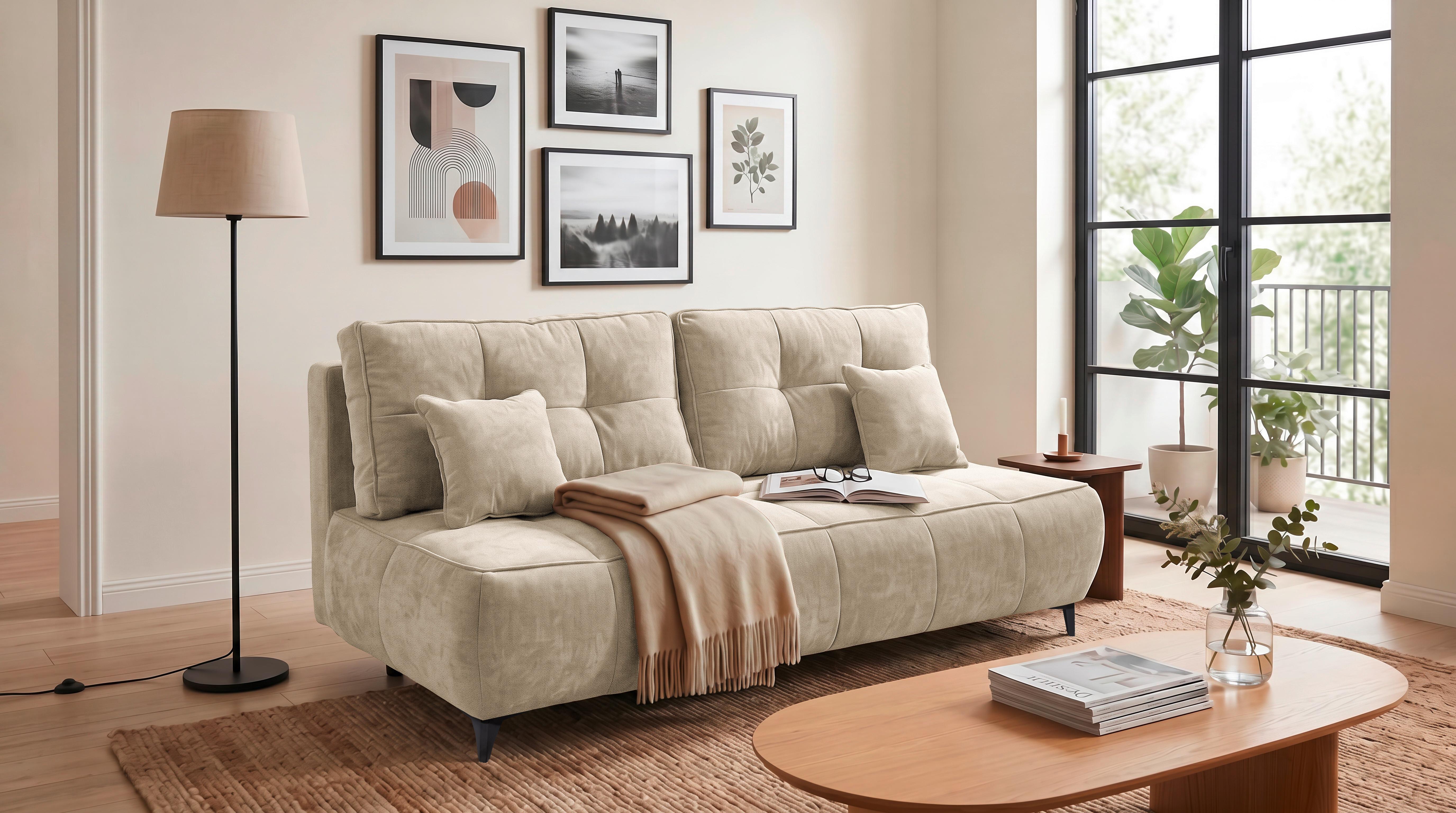 Schlafsofa Elisa Beige, Schlaffunktion - Beige/Schwarz, MODERN, Textil (215/96/106cm) - MID.YOU