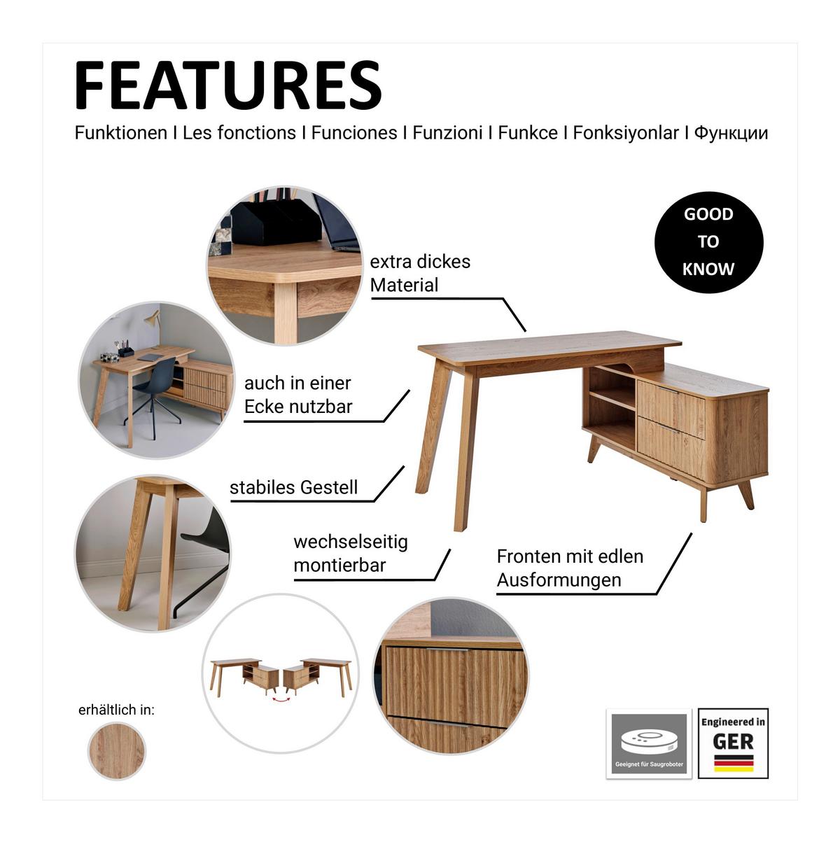 Eckschreibtisch Wave C 150 E - Eichefarben, MODERN, Holzwerkstoff (148/120/76,20cm) - Livetastic