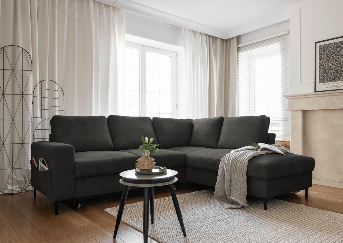 Sedačka LEONIE L, pravá, sivý menčester - čierna/sivá, Design, kov/drevo (237/197cm)