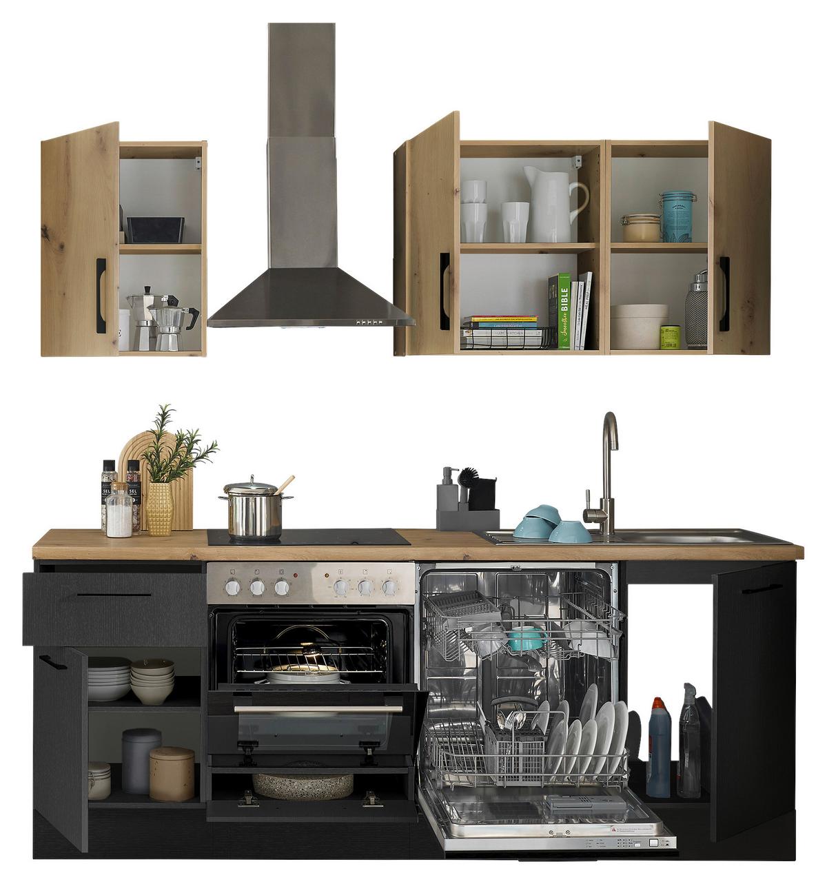 Küchenblock Turin Schwarz/Eiche Dekor B: 220 cm - Schwarz/Eiche Artisan, Basics, Holzwerkstoff (220cm) - MID.YOU