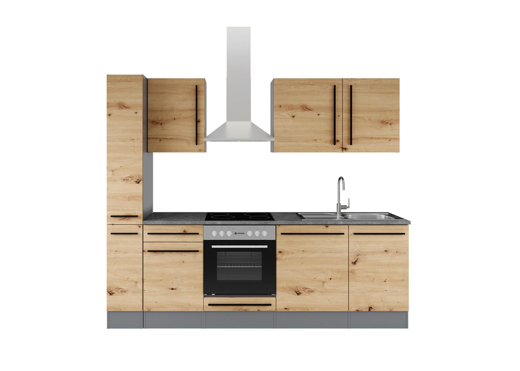 Küchenzeile Jazz 8 mit Geräten 250 cm Anthrazit/Eiche Dekor - Anthrazit/Eiche Artisan, LIFESTYLE, Holzwerkstoff (250cm) - P & B