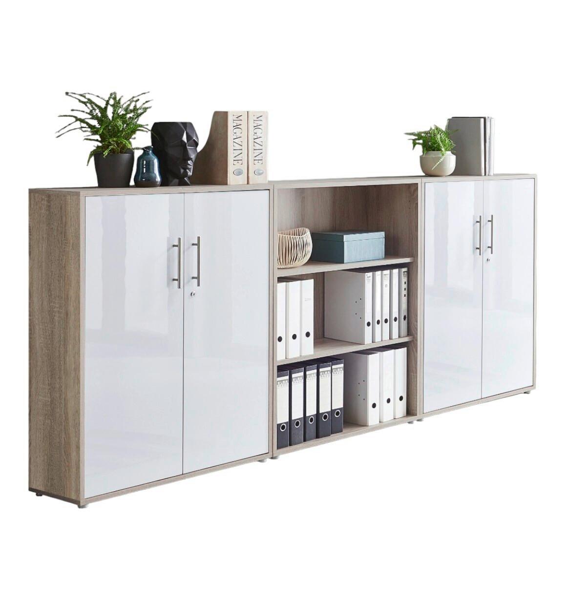 Office Edition B: 253,2 cm Sonoma Eiche/Weiß - Weiß Hochglanz/Sonoma Eiche, MODERN, Holzwerkstoff (253,2/113,6/33cm) - MID.YOU