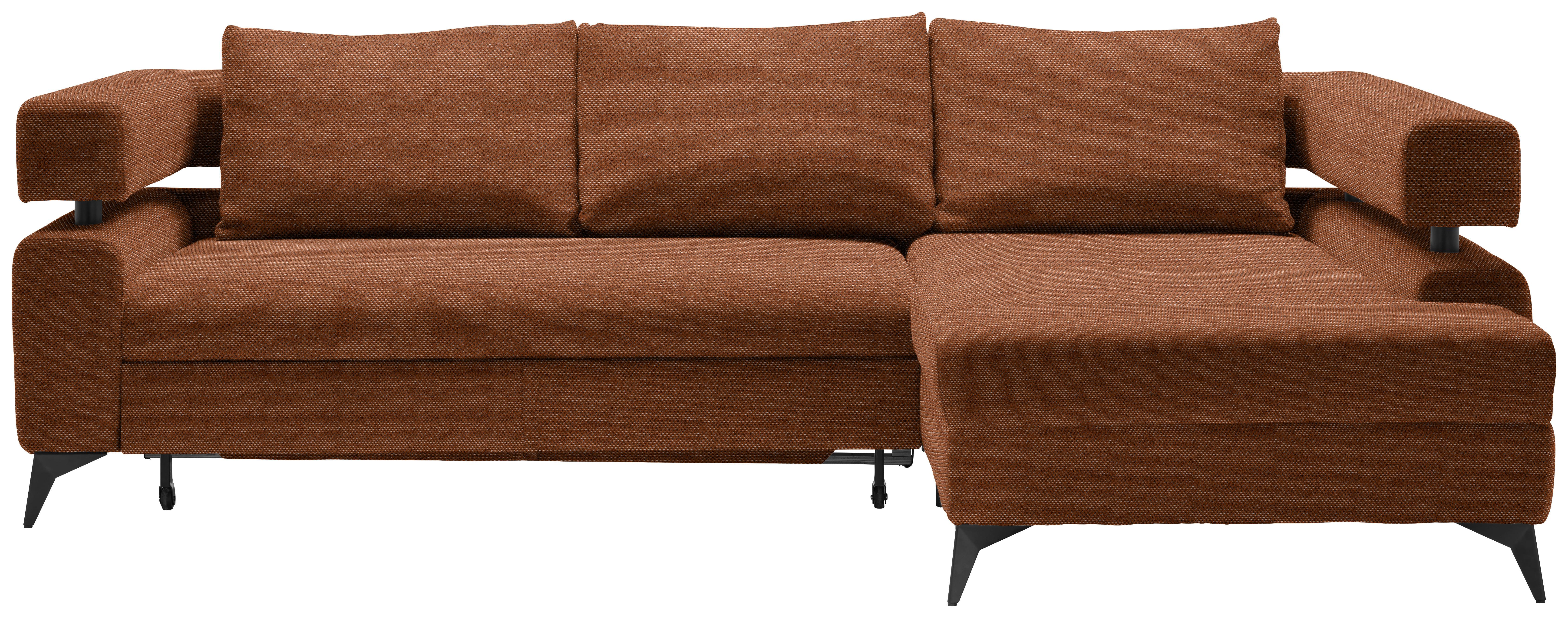Rohová sedačka ROSALIE, pravá s úložným prostorem a lůžkem - černá/koňaková, Konvenční, kov/textil (265/184cm)