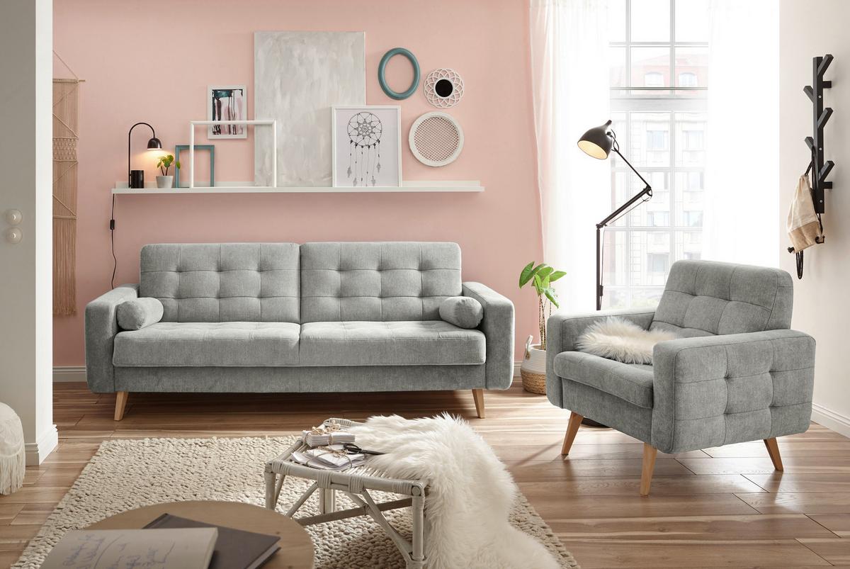 Schlafsofa mit Bettkasten und Kissen Fjord, Webstoff - Schlammfarben/Eichefarben, MODERN, Holzwerkstoff/Textil (222/86/90cm) - MID.YOU