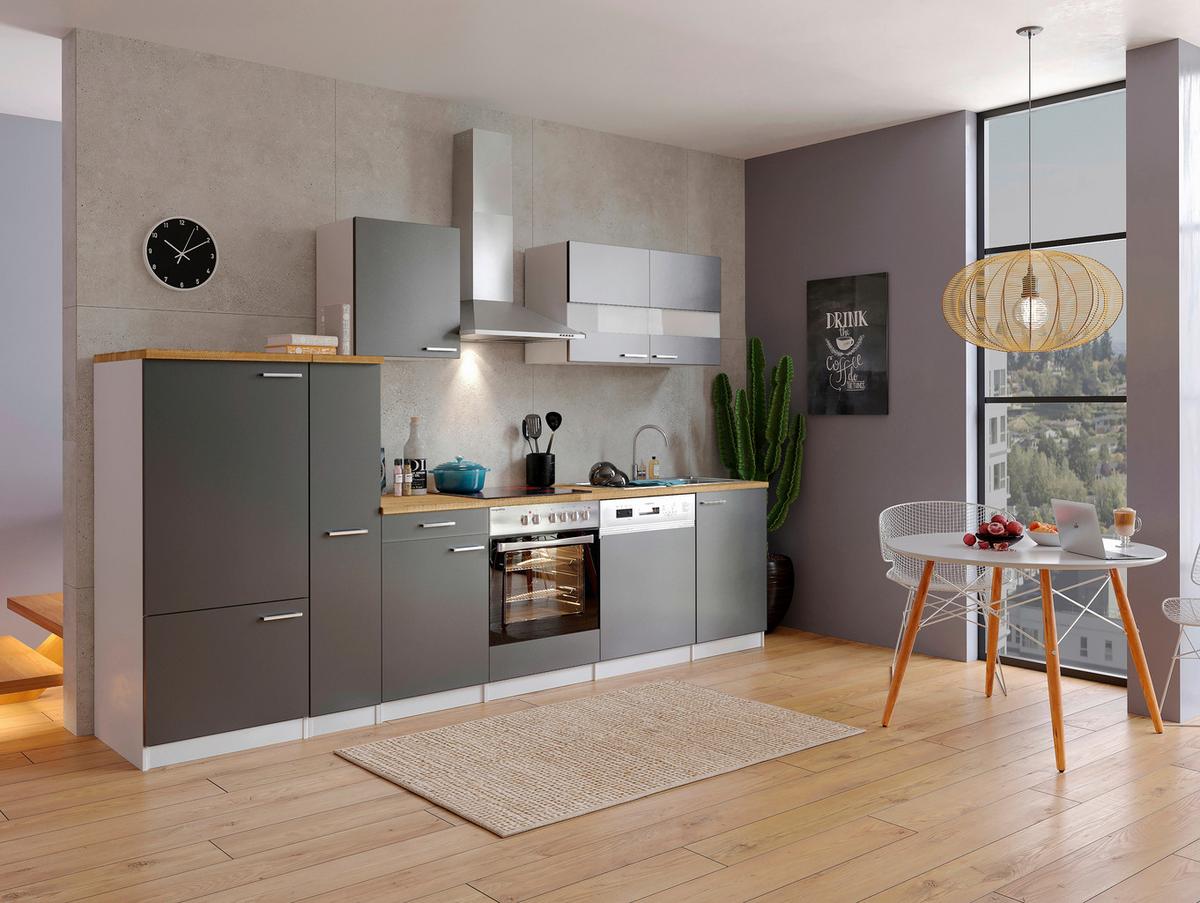 Küchenzeile Economy m. Geräten 310 cm Grau/Nussbaum Dekor - Nussbaumfarben/Weiß, Basics, Holzwerkstoff (310cm) - Respekta
