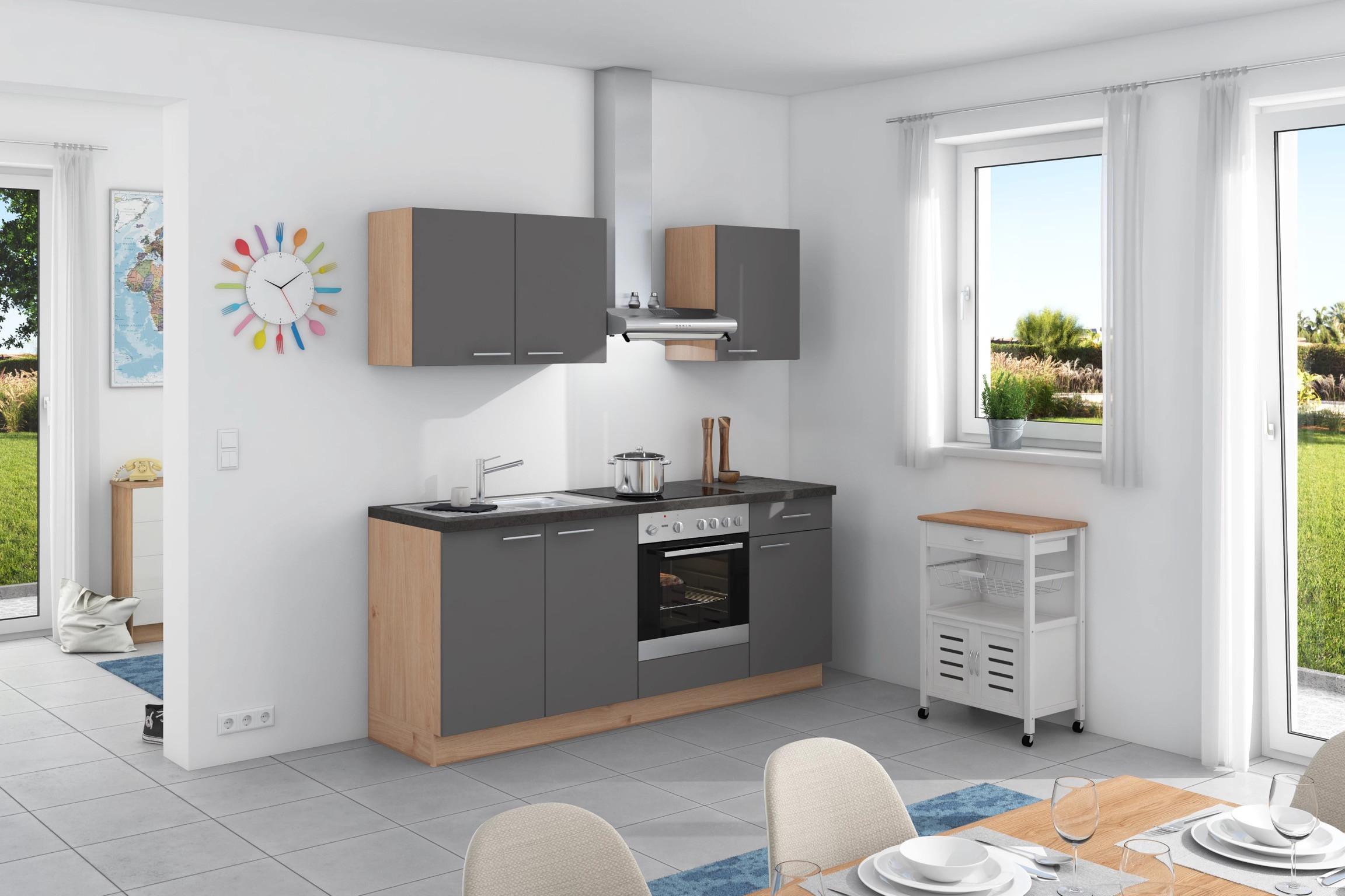 Grau Küchenzeile ➤ ohne Möbelix kaufen Base online 200 Express Geräte cm Anthrazit/Eiche