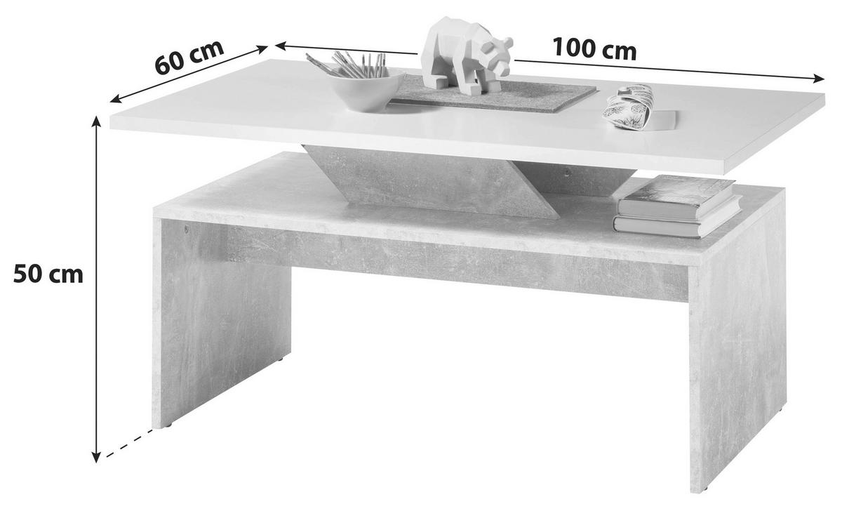 Couchtisch Holz + Ablagefläche Allegra Beton Dekor/Weiß - Hellgrau/Weiß, Design, Holzwerkstoff (100/60/50cm) - MID.YOU