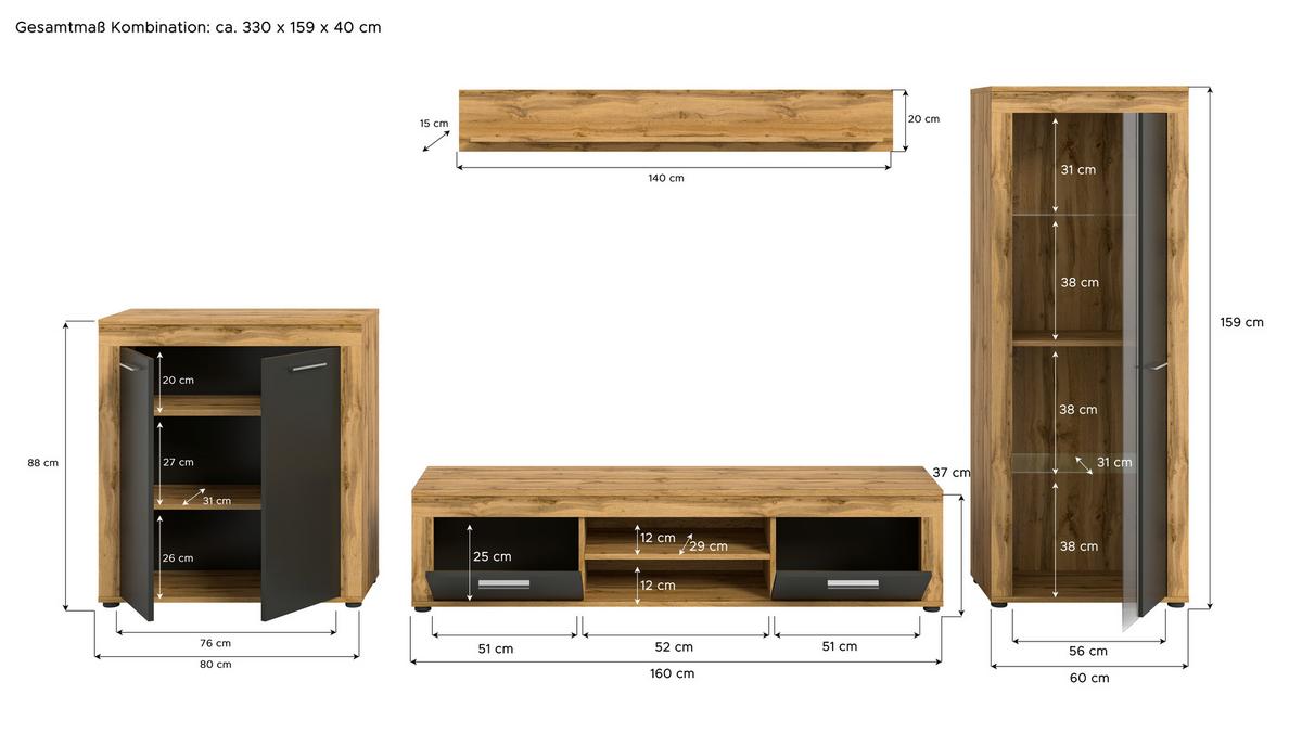 Wohnwand Jam Eiche Dekor, Anthrazit 4-Teilig B: 330 Cm - Anthrazit/Eiche Wotan, Design, Glas/Holzwerkstoff (330/159/35cm) - MID.YOU