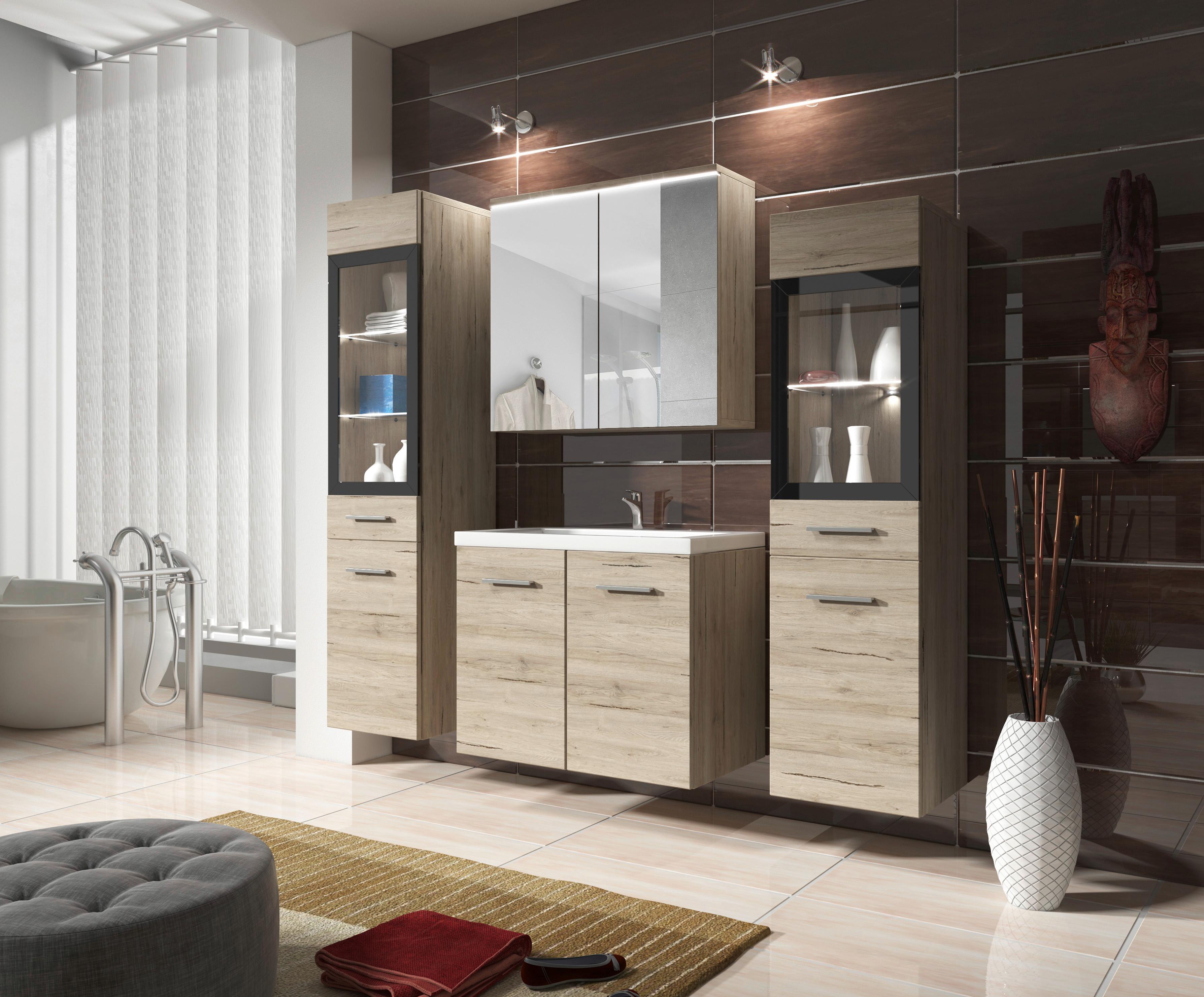 Badmöbel-Set 5-Tlg. inkl. LED Madrit San Remo Eiche Dekor - Eiche San Remo/Weiß, Basics, Glas/Holzwerkstoff (120cm) - P & B