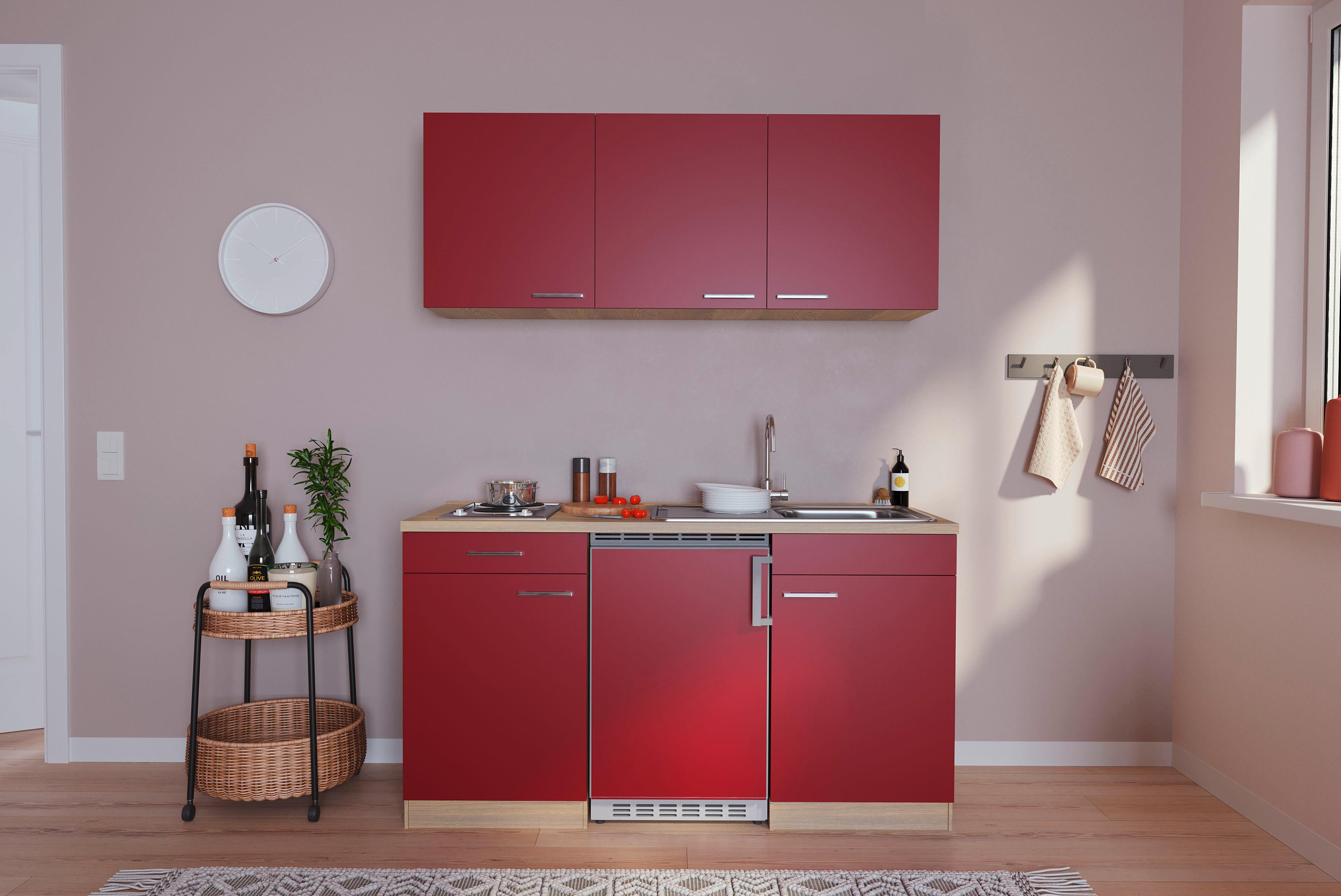 Miniküche mit Kühlschrank + Kochfeld 150cm Rot/Eiche Dekor - Rot, Basics, Holzwerkstoff (150cm) - Respekta