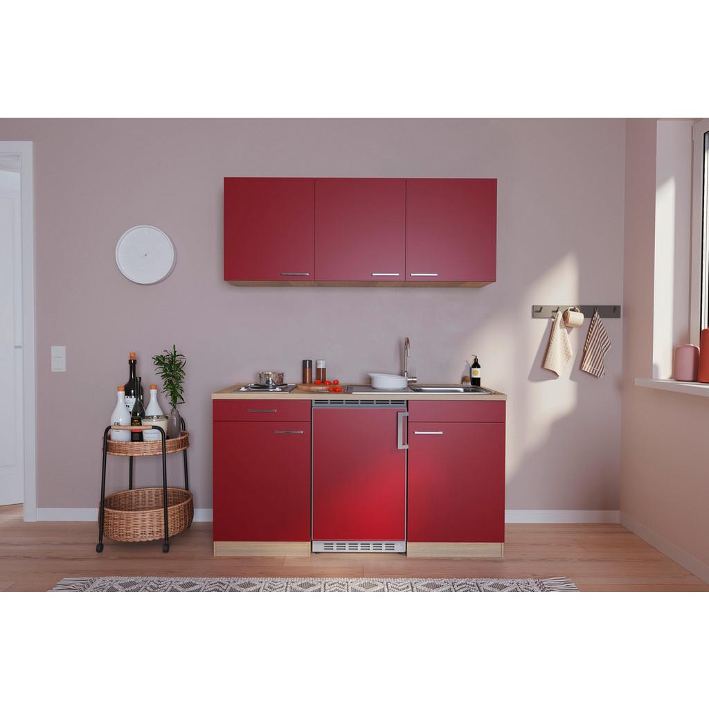 Miniküche M. Kühlschrank + Kochfeld 150cm Rot/eiche Dekor
