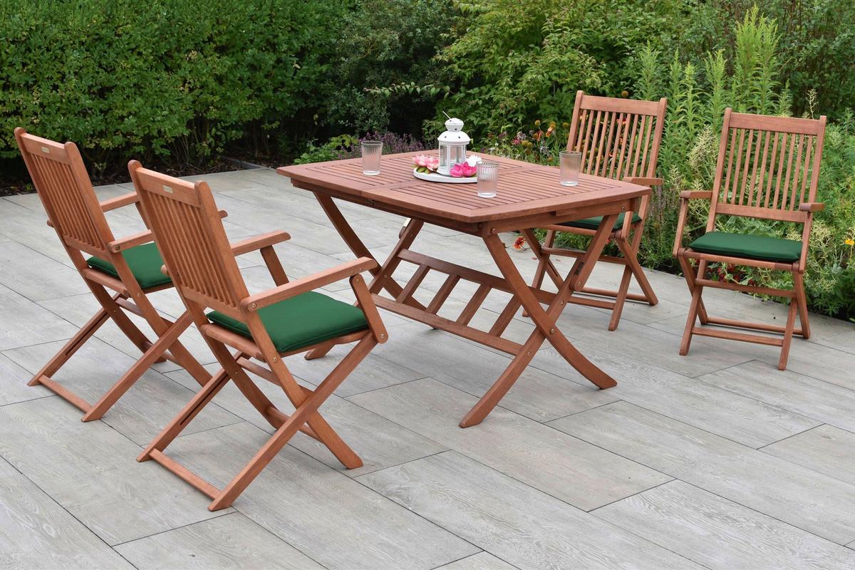 Gartentischgruppe Rio 5 -Teilig. Grün/Naturfarben - Eukalyptusholzfarben/Grün, KONVENTIONELL, Holz/Textil - Gardenson