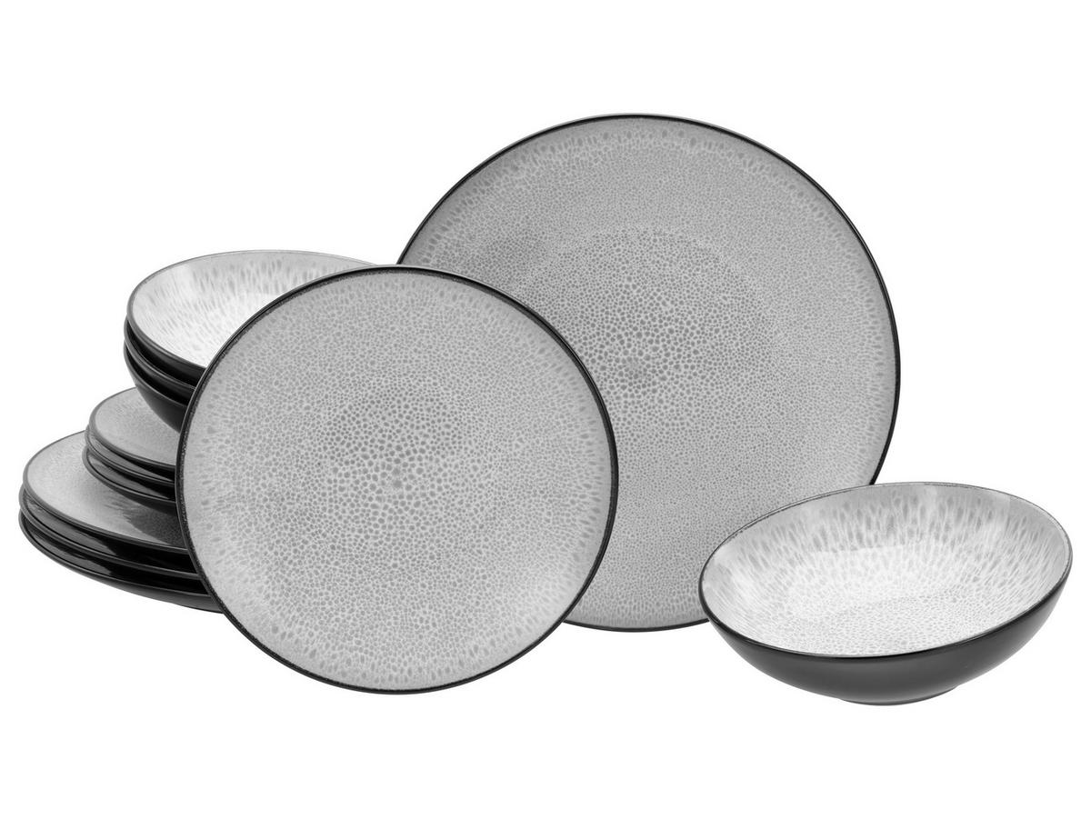 Tafelservice Malmö Schwarz, Grauweiß 12--Teilig - Grauweiß/Schwarz, Basics, Keramik - Creatable