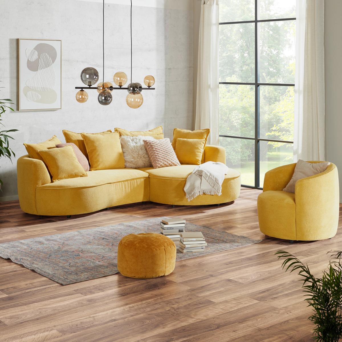 Rohová sedačka LEVI, pravá horčicovožltá, so 7 vankúšmi - čierna/horčicovožltá, Modern, textil/plast (287/168cm)