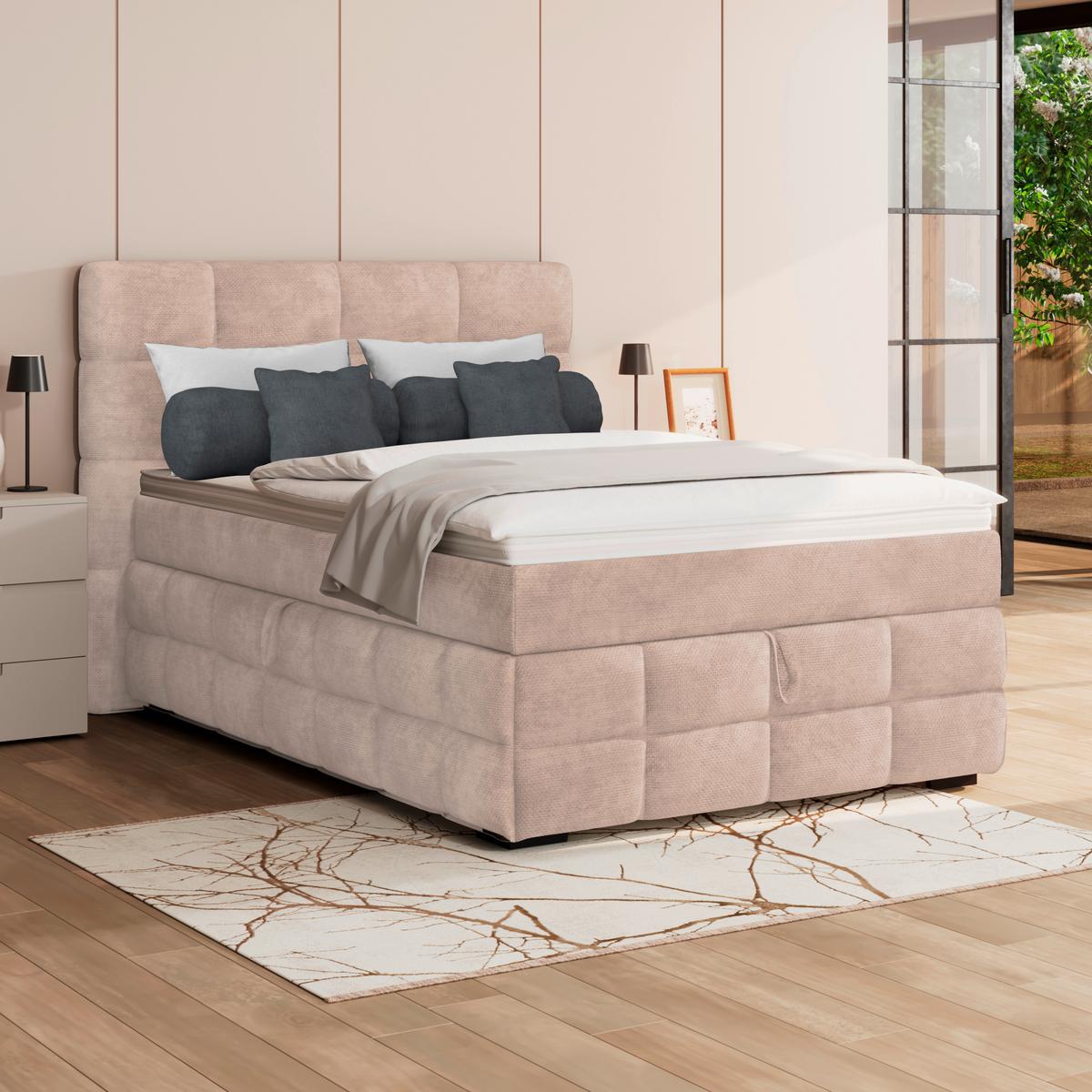 Čalúnená posteľ VEGA 140x200 cm, béžová - čierna/zelená, Trend, drevo/textil (140/200cm)