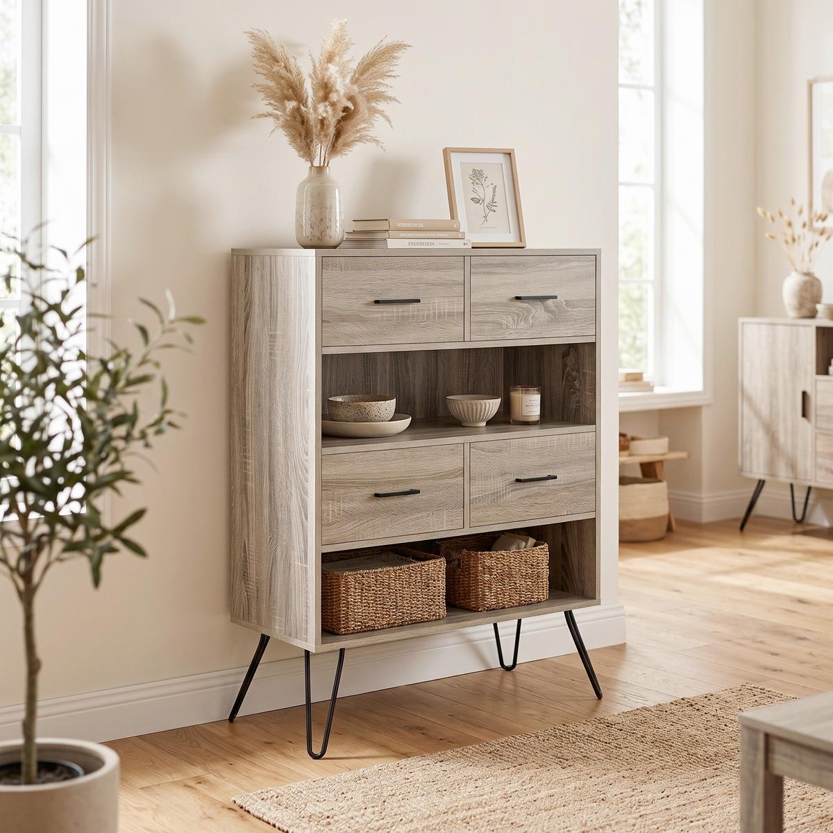 Kommode London Grau/Eichefarben 79 cm - Eichefarben/Schwarz, Design, Holzwerkstoff/Metall (79/112/36cm) - MID.YOU