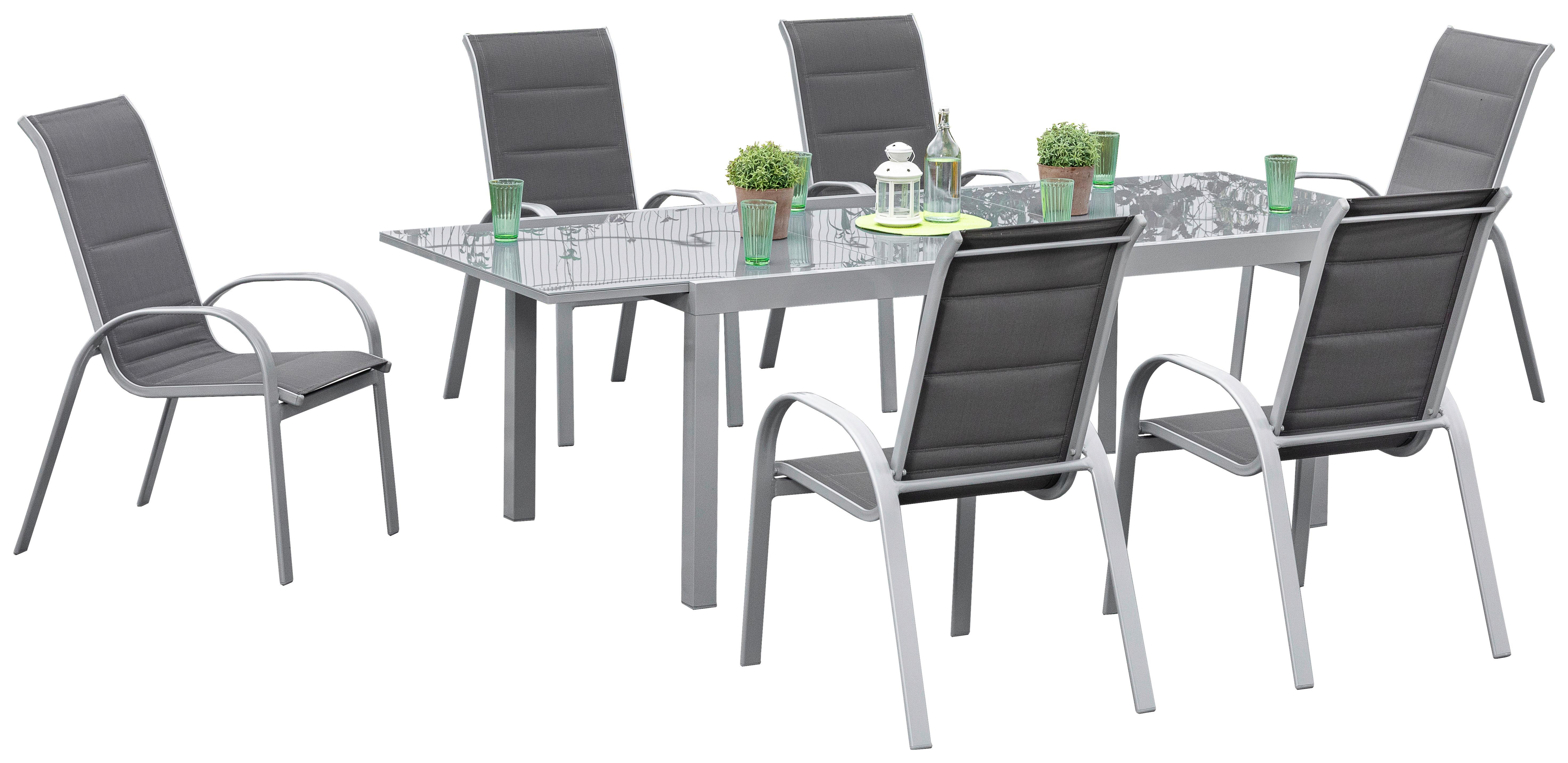 Gartenmöbel Set 7-Tlg Amalfi Di Lusso Metall/Glas/Textil - Silberfarben/Braun, KONVENTIONELL, Glas/Textil - Gardenson