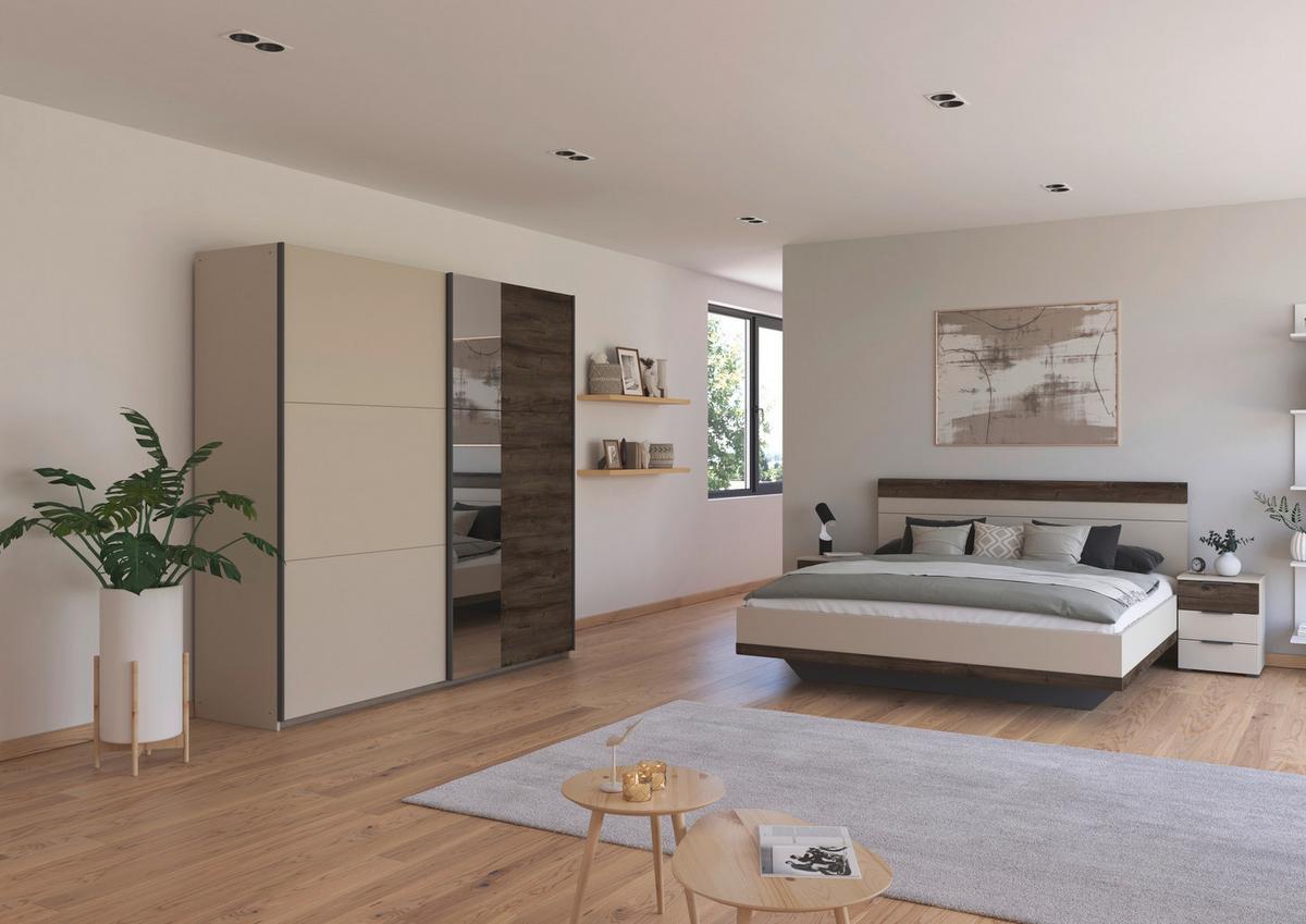 Schwebetürenschrank Sajo-Extra 218cm, Champagner - Eiche dunkel/Klar, Trend, Holzwerkstoff (218/210/59cm)