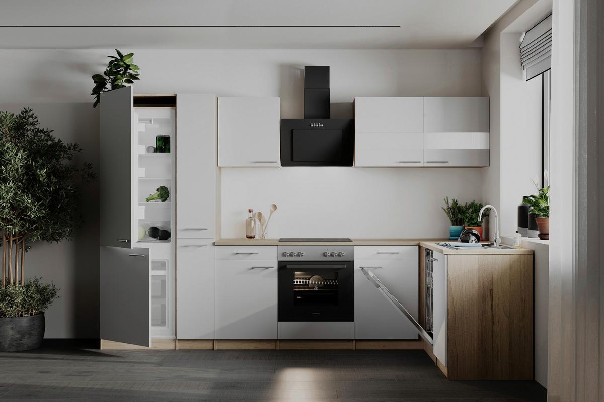 Eckküche Merle Weiß/Eichefarben B: 310cm - Eichefarben/Weiß, Basics, Holzwerkstoff (310/172cm) - Respekta