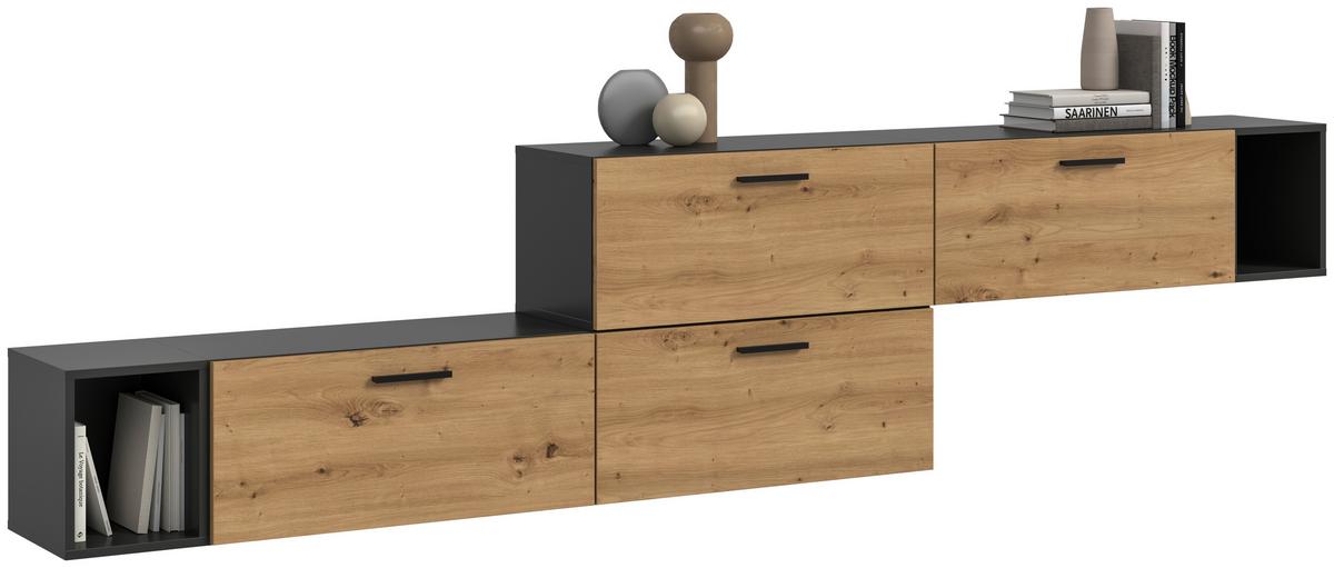 Wohnwand, The One 4, B: 276 cm Artisan Eiche Dekor/Grau - Schwarz/Eiche Artisan, Trend, Holzwerkstoff (276/97/34cm)