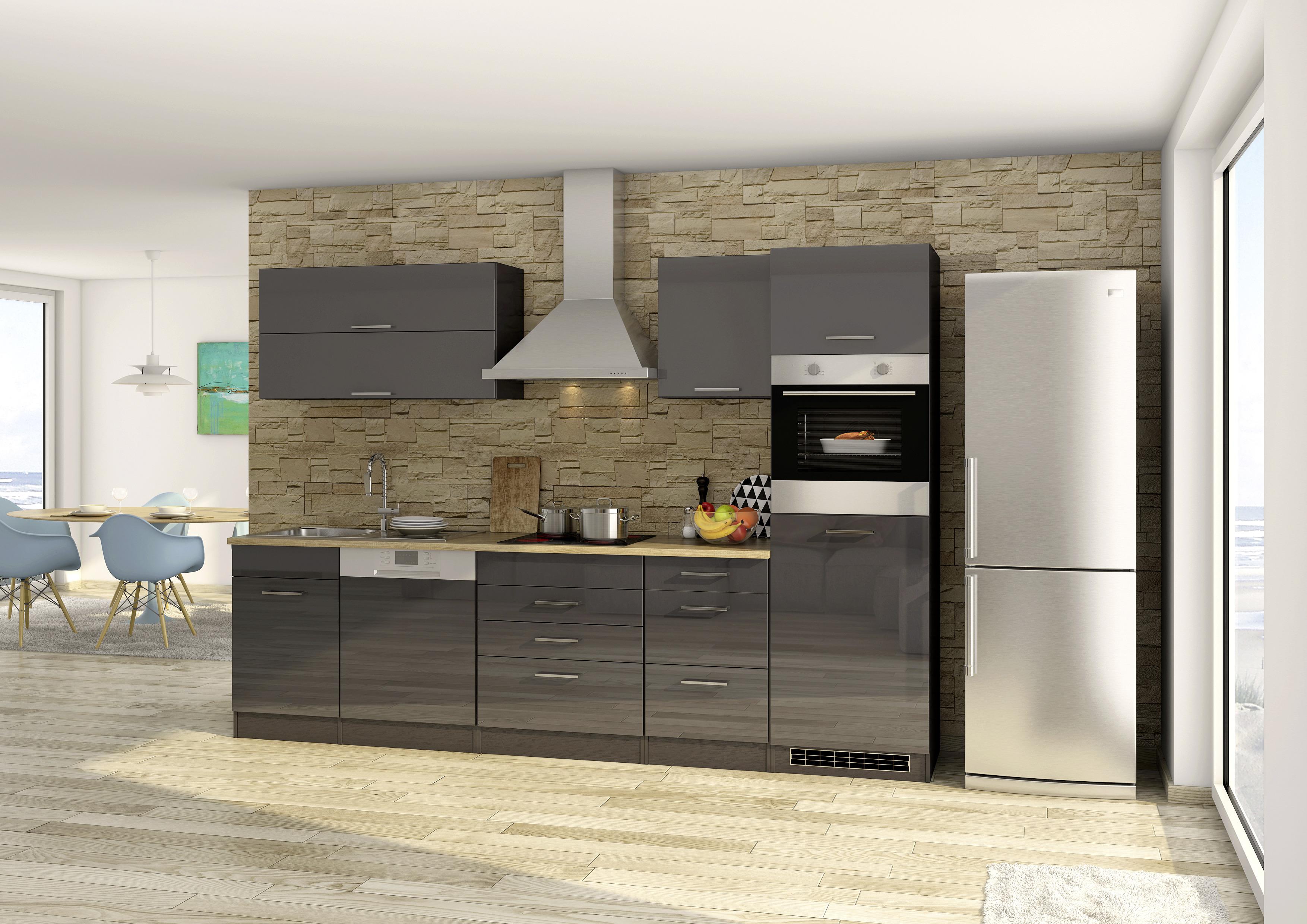 Küchenzeile Mailand mit Geräten 300 cm Anthrazit Elegant - Eichefarben/Anthrazit, MODERN, Holzwerkstoff (300cm) - MID.YOU