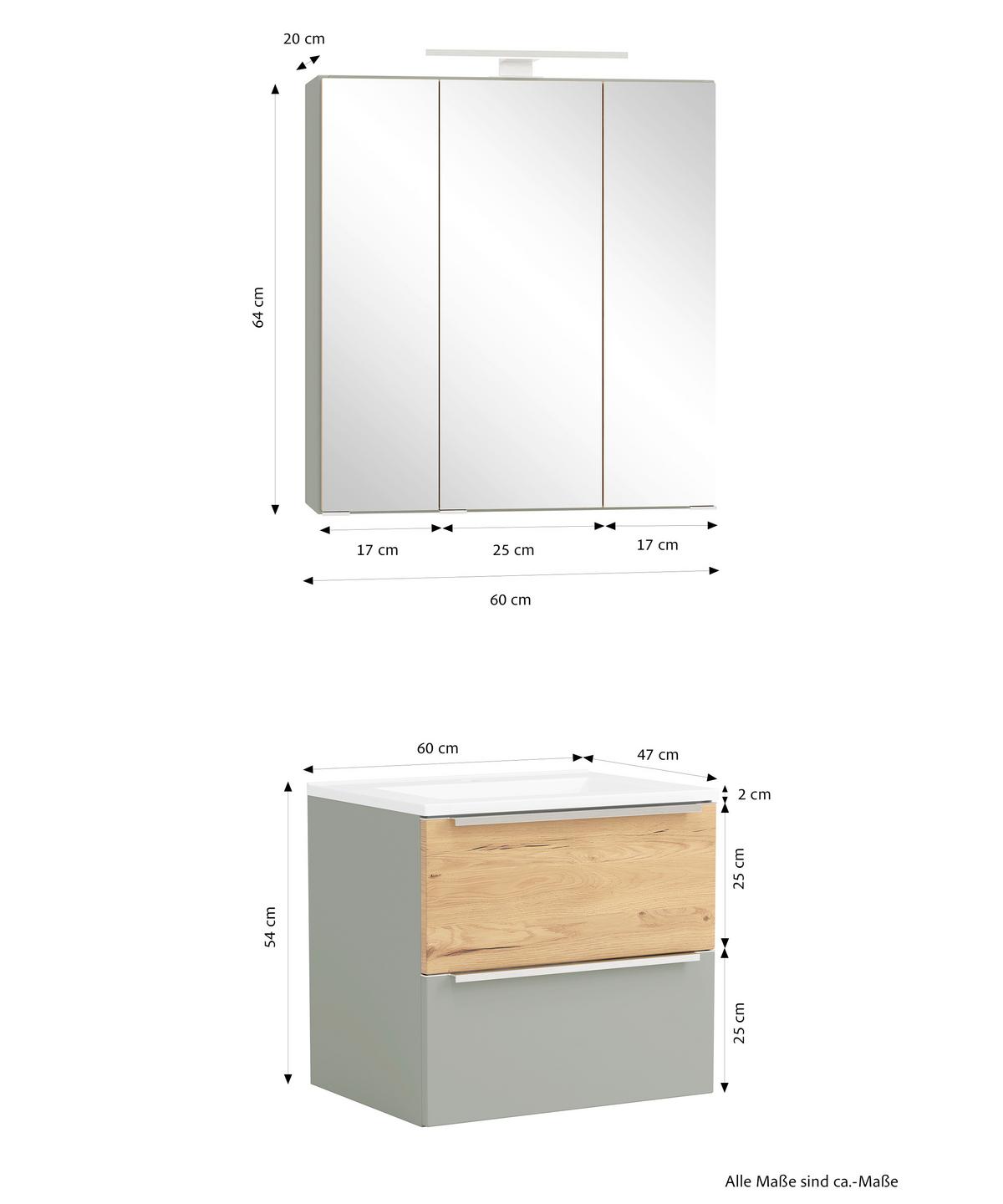 Badezimmer Verona Grau/Wildeiche 2-teilig - Schilfgrün/Wildeiche, Trend, Glas/Holzwerkstoff (60cm) - Held