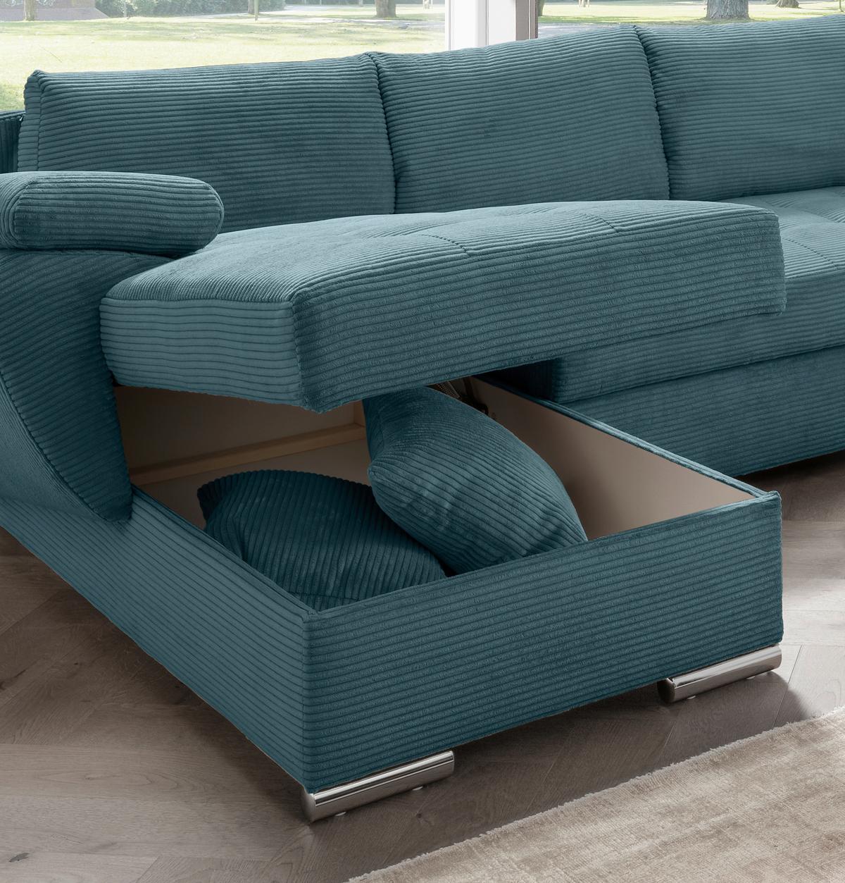 Wohnlandschaft Terana mit Schlaffunktion, Petrol - Chromfarben/Petrol, KONVENTIONELL, Textil (157/305/219cm) - Livetastic