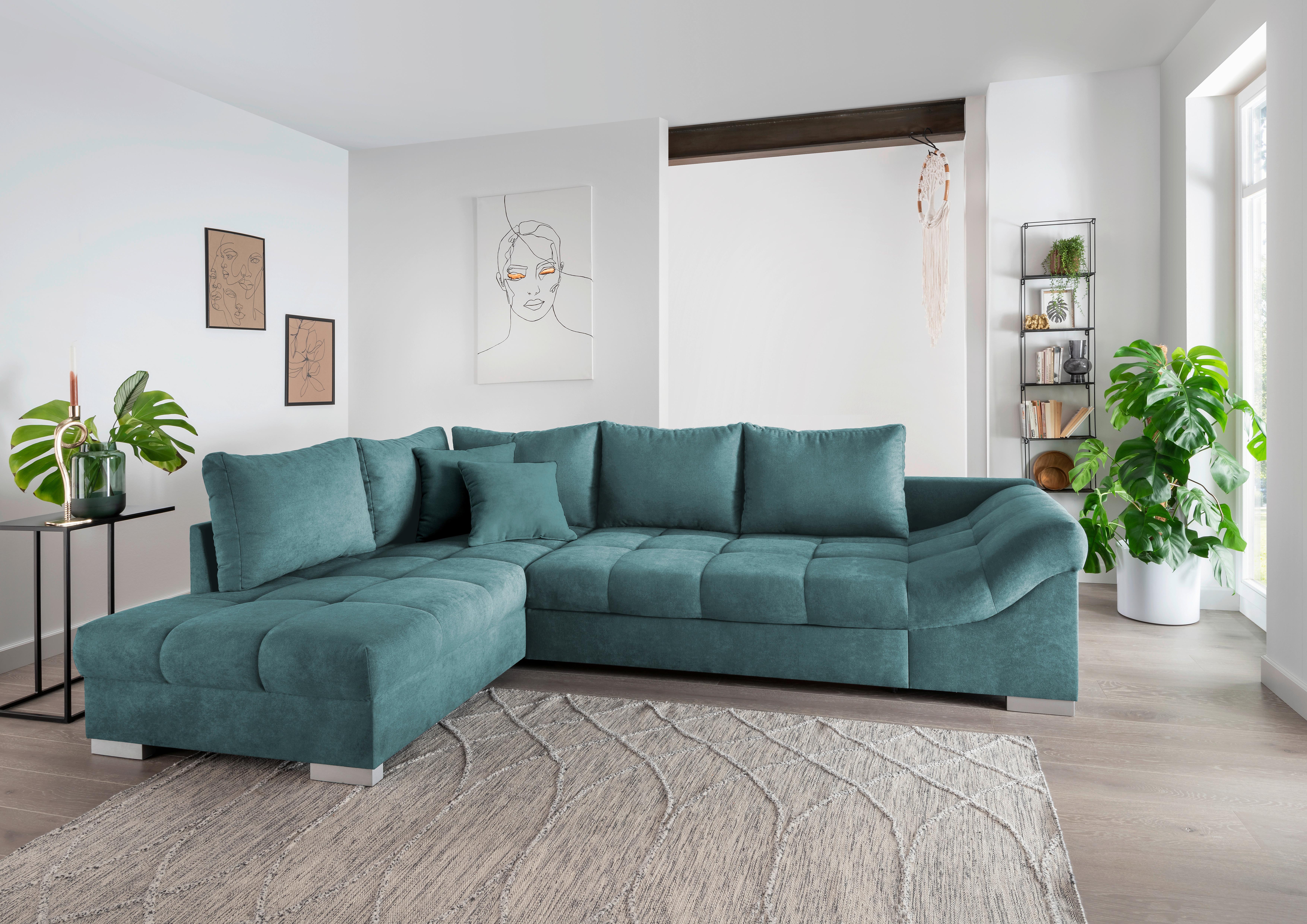 Eckschlafsofa Alvito Petrol S: 202/298 cm - Silberfarben/Petrol, Design, Textil (202/298cm) - MID.YOU