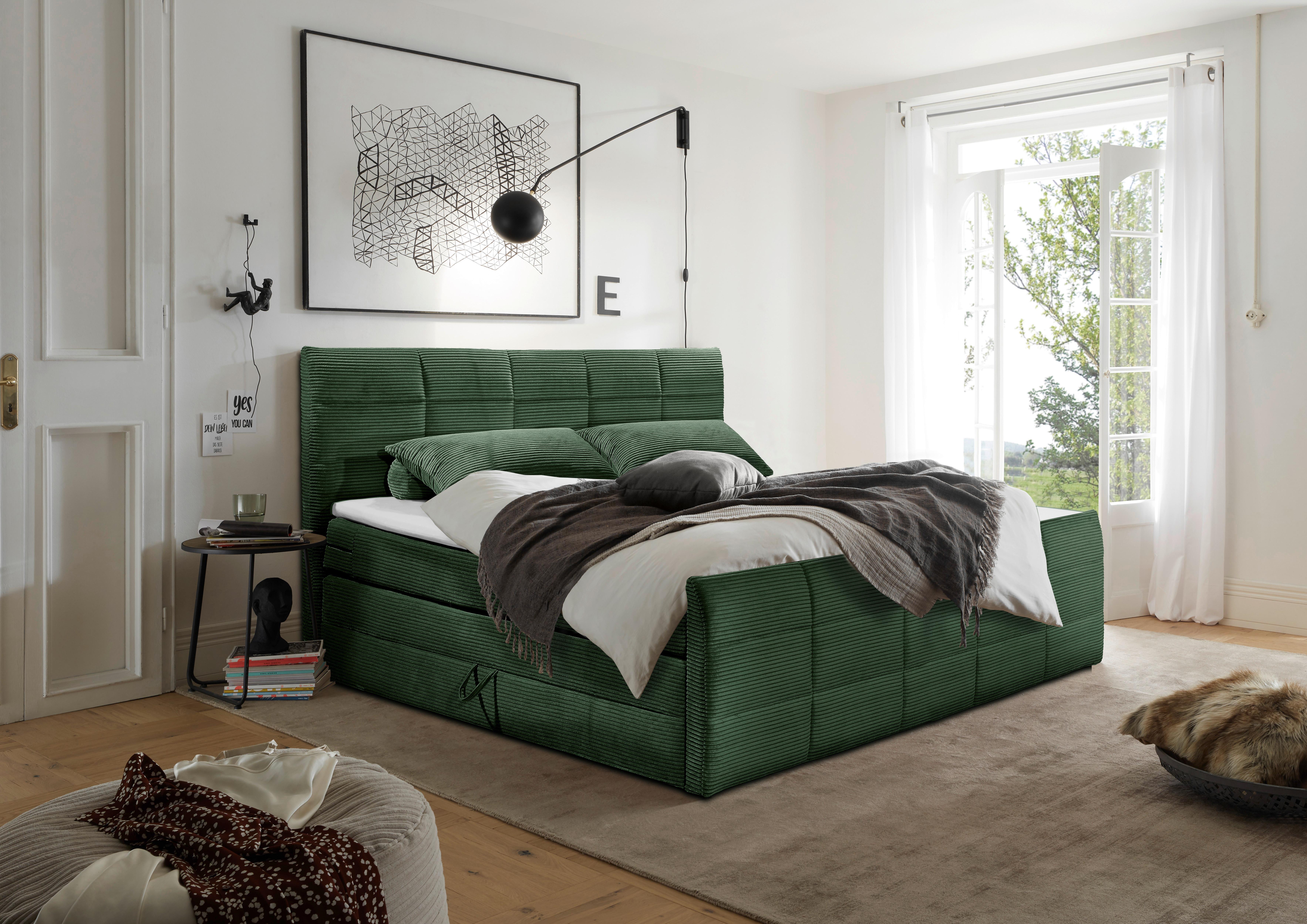 Boxspringbett Bolivia 6 - Schwarz/Olivgrün, MODERN, Holzwerkstoff/Textil (180/200cm) - MID.YOU