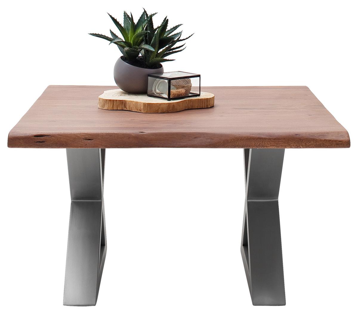 Couchtisch Holz mit Massiver Tischplatte Cartagena, Akazie - Edelstahlfarben/Walnussfarben, MODERN, Holz/Metall (75/45/75cm)