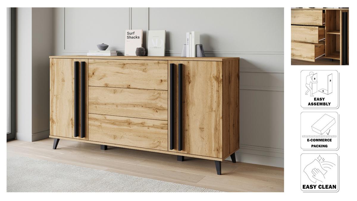 Sideboard Helsinki Eiche Wotan Dekor B: 150cm - Eiche Wotan/Schwarz, Trend, Holzwerkstoff (150/77,8/39,5cm) - P & B