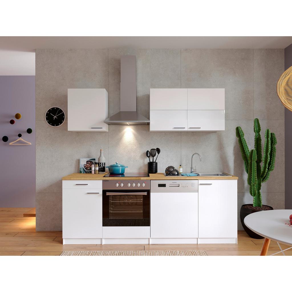 Küchenzeile Economy mit Geräten 220 cm Weiß/Nussbaum Dekor