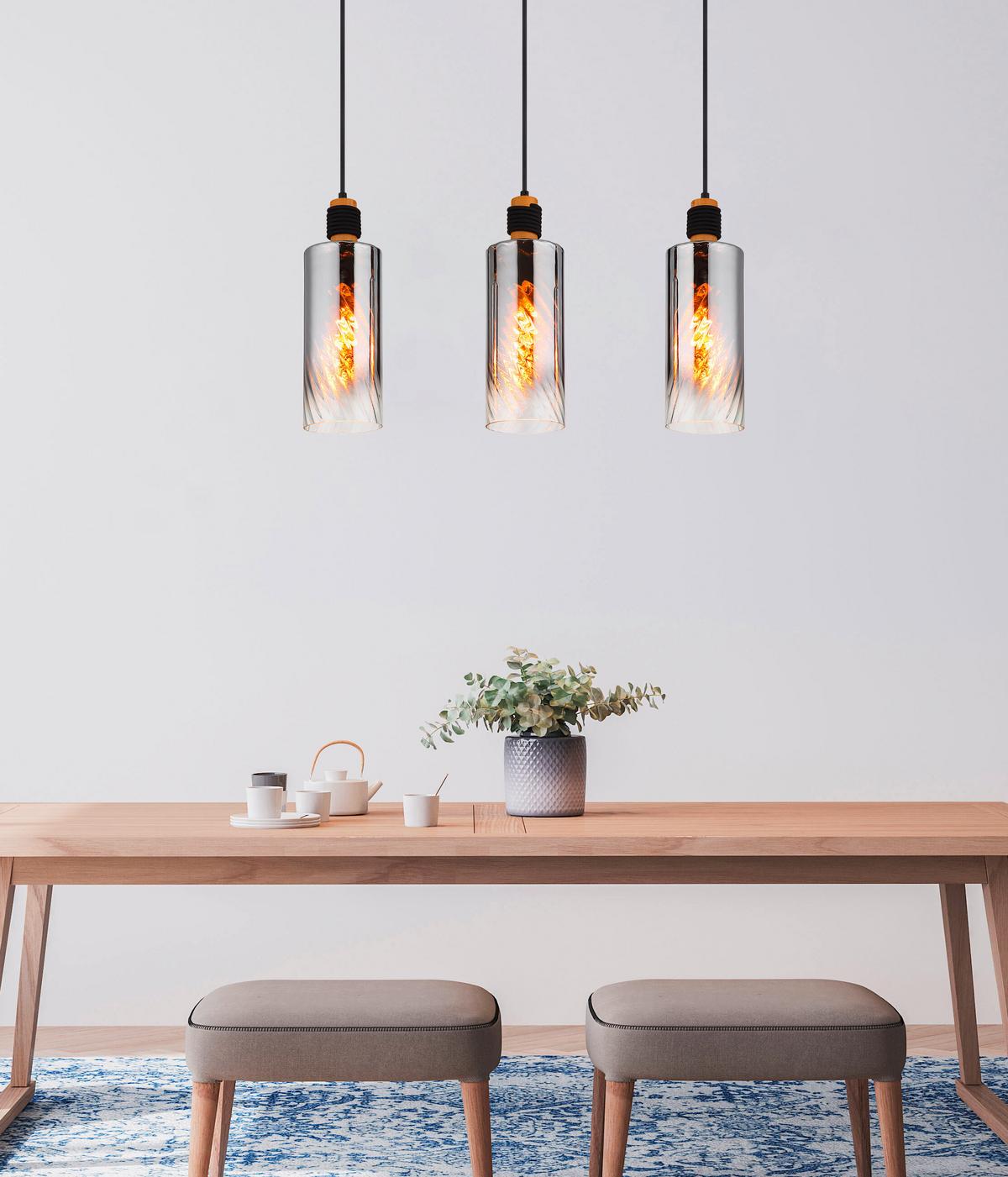 HÄNGELEUCHTE Exkl. 3xE27 40W - Klar/Schwarz, Design, Glas/Holz (68/12/150cm) - Globo