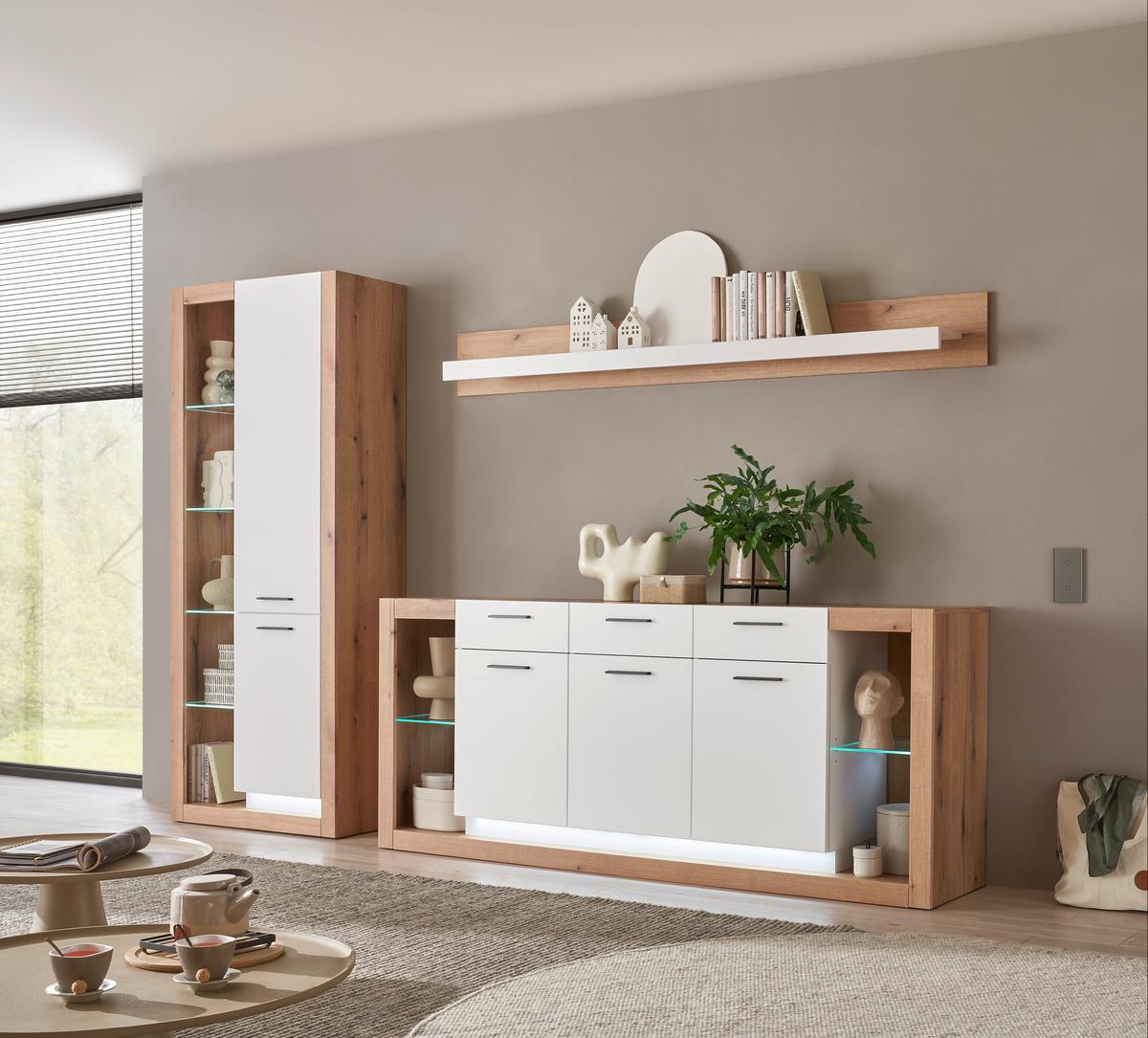 Wohnwand Brixen Weiß/Eichefarben B: 298cm - Eichefarben/Weiß, Design, Glas/Holzwerkstoff (298/195/43cm) - MID.YOU