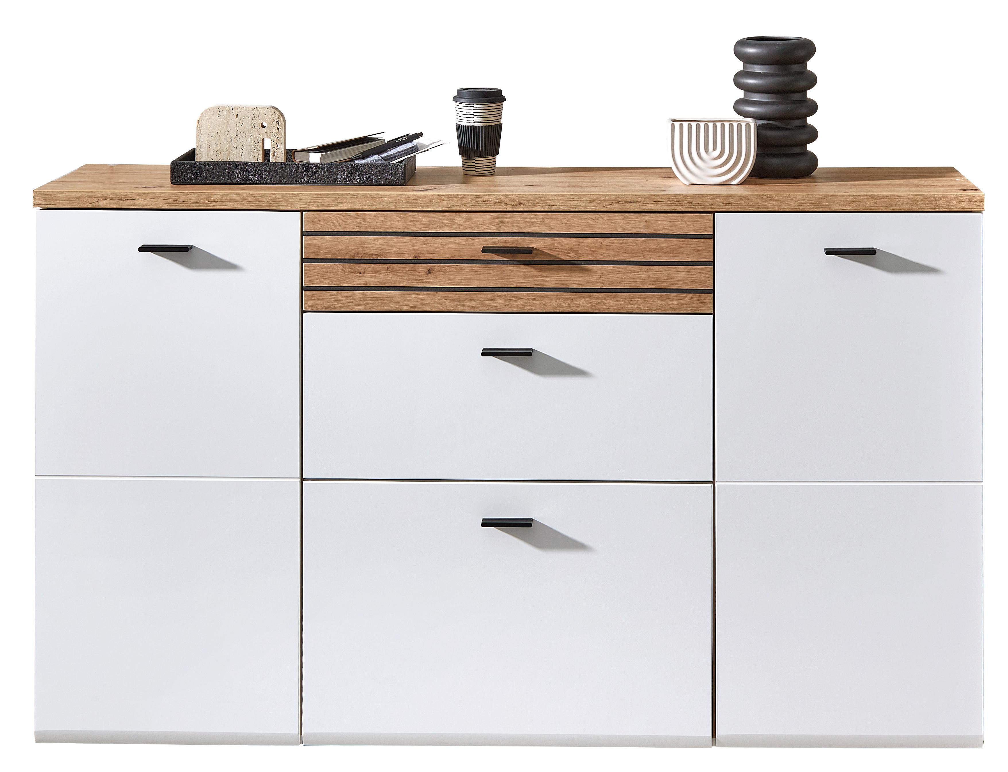 Schuhschrank Fresno Weiß/eiche Artisan, B: 150 Cm - Schwarz/Weiß, Design, Holzwerkstoff (150/88/34cm) - Livetastic