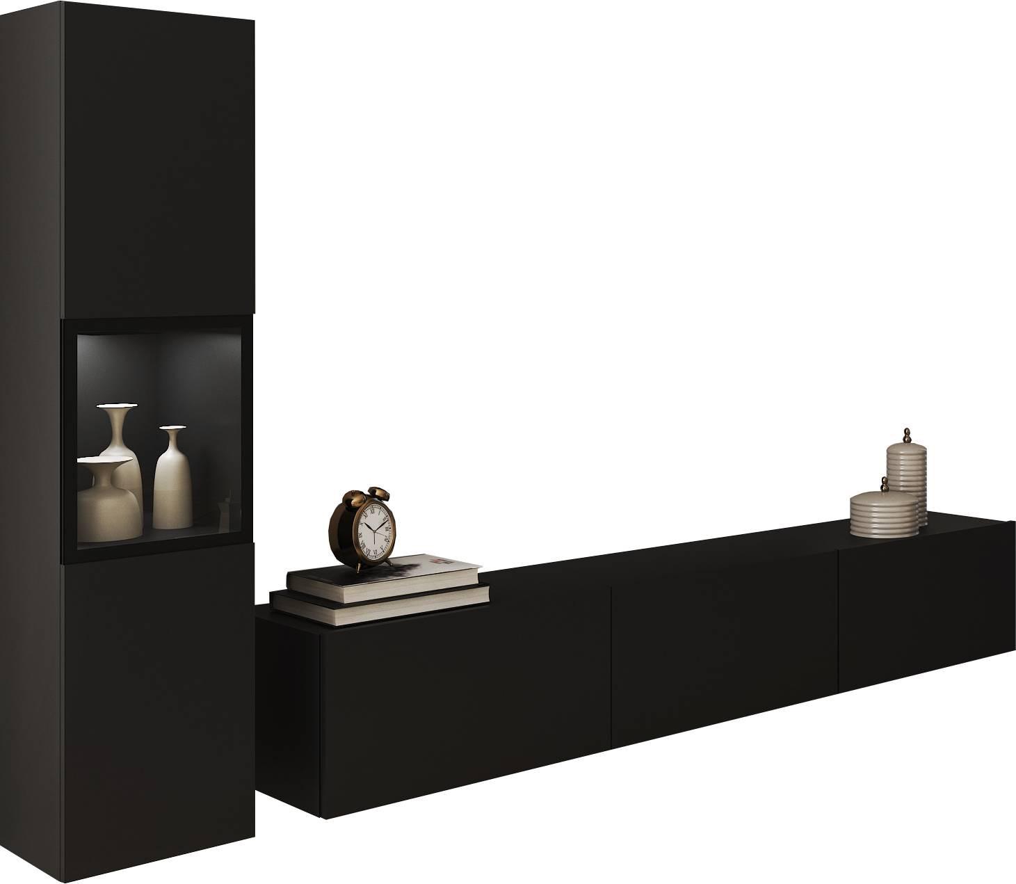 Wohnwand Berlin I Schwarz B: 210 cm - Schwarz/Grau, Design, Glas/Holzwerkstoff (210/130/32,5cm) - MID.YOU