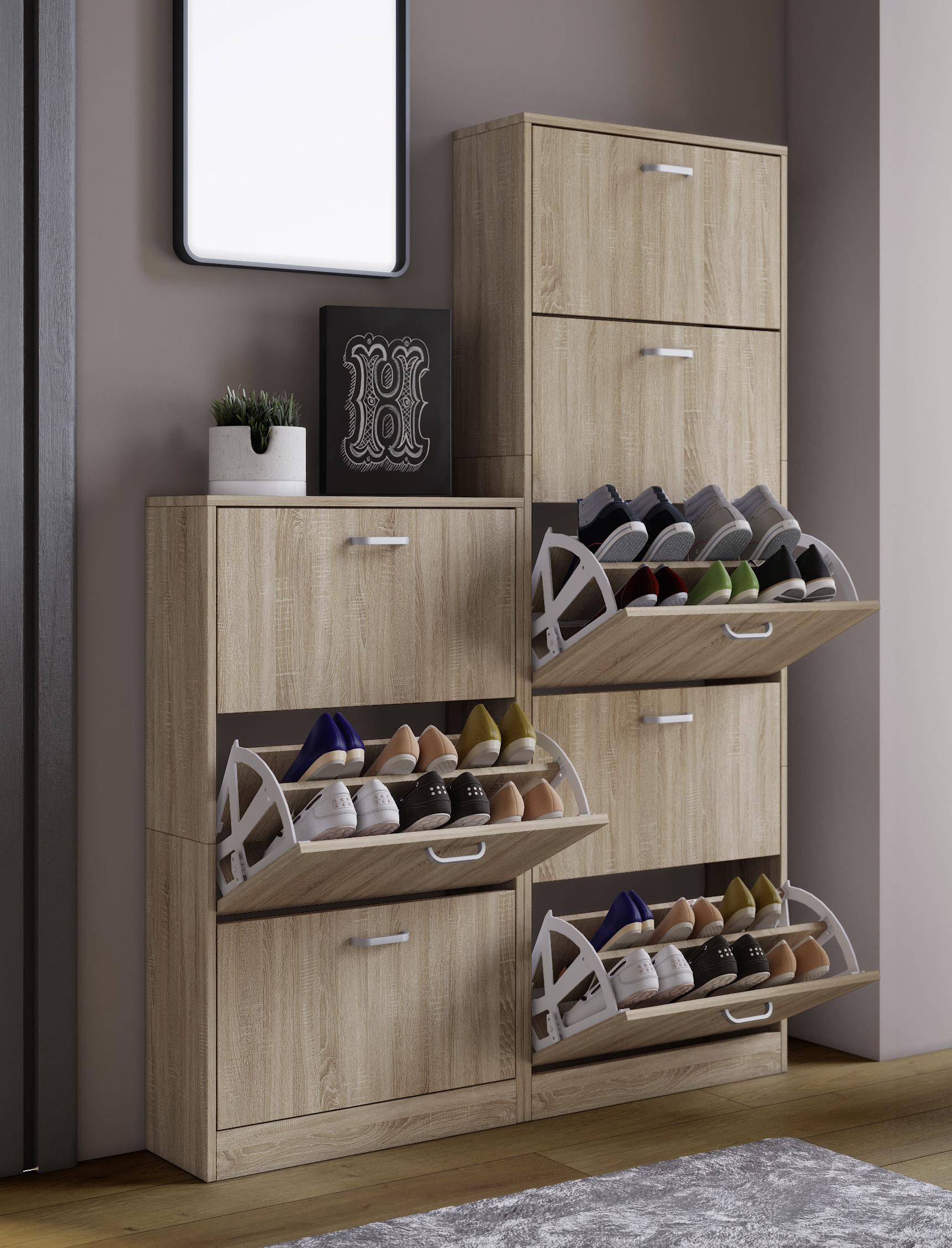 Eiche Dekor • 5 Klappen • für ca. 30 Paar Schuhe • B/H/T: ca. 59/170/22cm