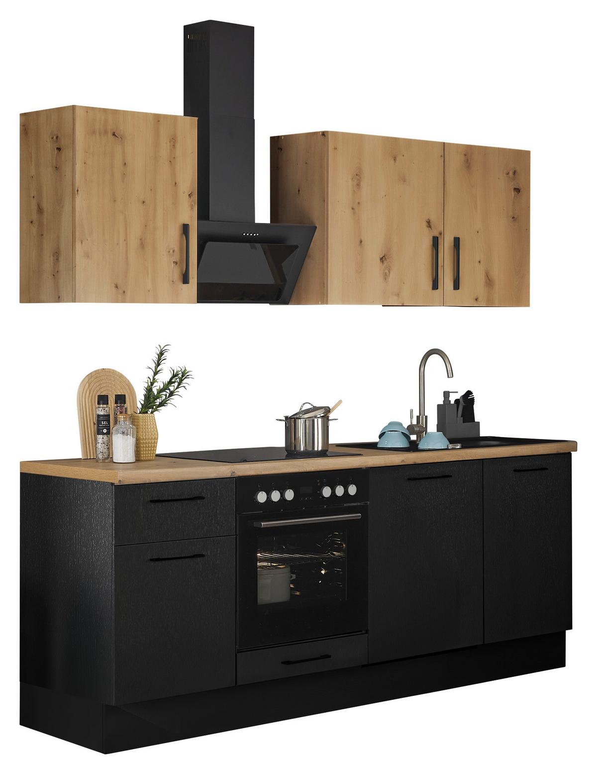 Küchenblock Turin Schwarz/Eiche Dekor B: 220 cm - Schwarz/Eiche Artisan, Basics, Holzwerkstoff (220cm) - MID.YOU