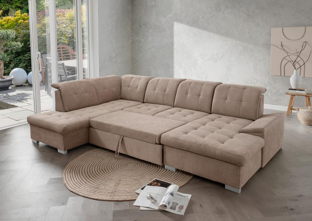 Wohnlandschaft Zira Hellbraun U: 212x330x169cm - Chromfarben/Hellbraun, MODERN, Textil (212/330/169cm) - Livetastic