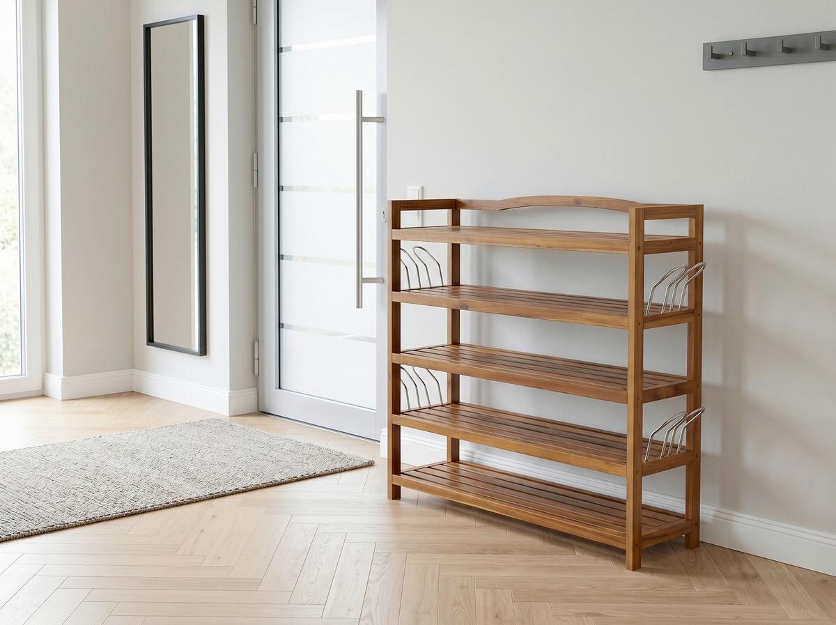 Schuhregal aus Akazie 5-Etagen LxBxH: 26x82x94 cm - Akaziefarben, Basics, Holz (26/82/94cm) - Prestige Home