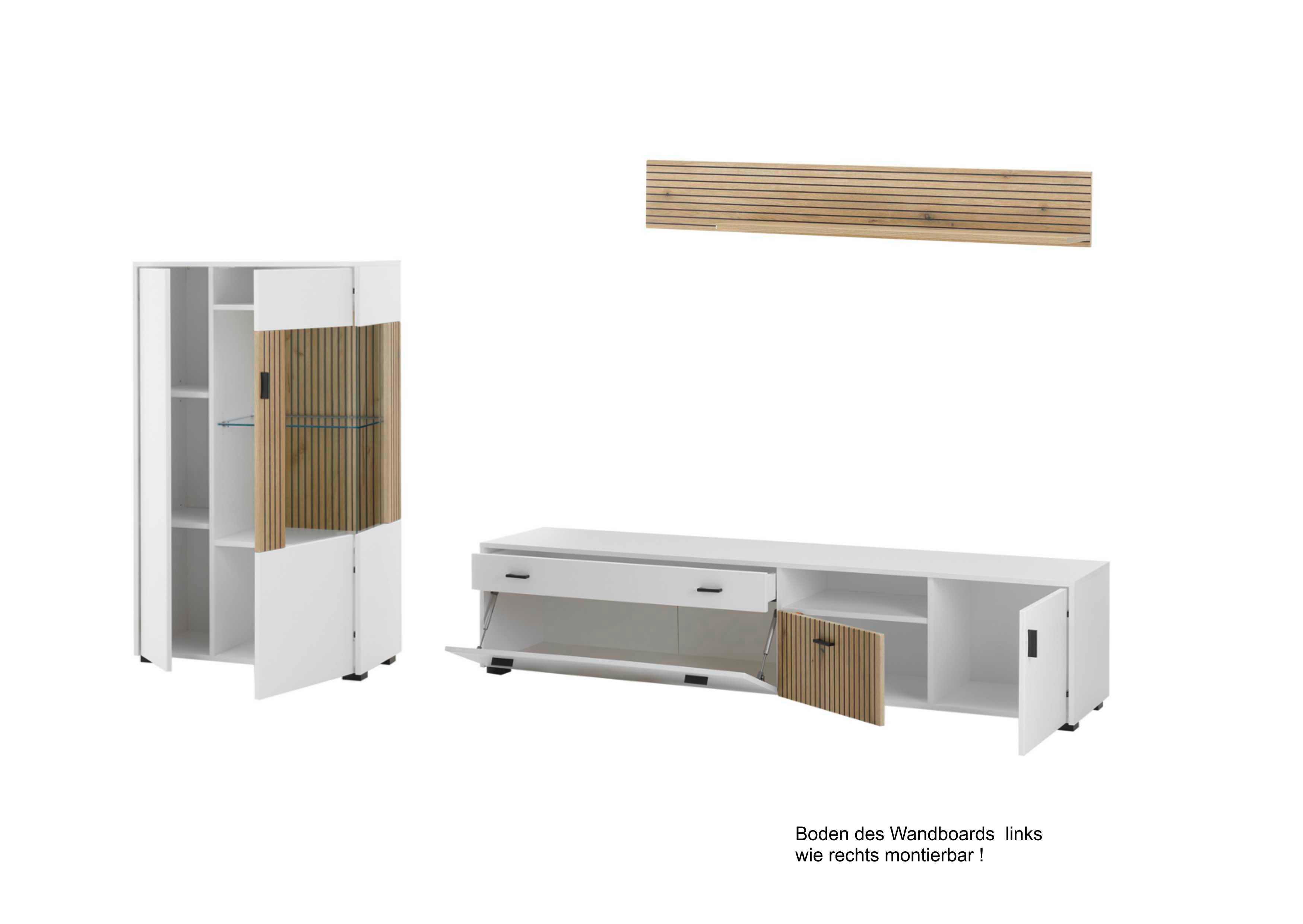 Hudson Wohnwand Weiß/Eichefarben B: 285 cm - Eichefarben/Schwarz, Design, Glas/Holzwerkstoff (285/170/42cm) - MID.YOU