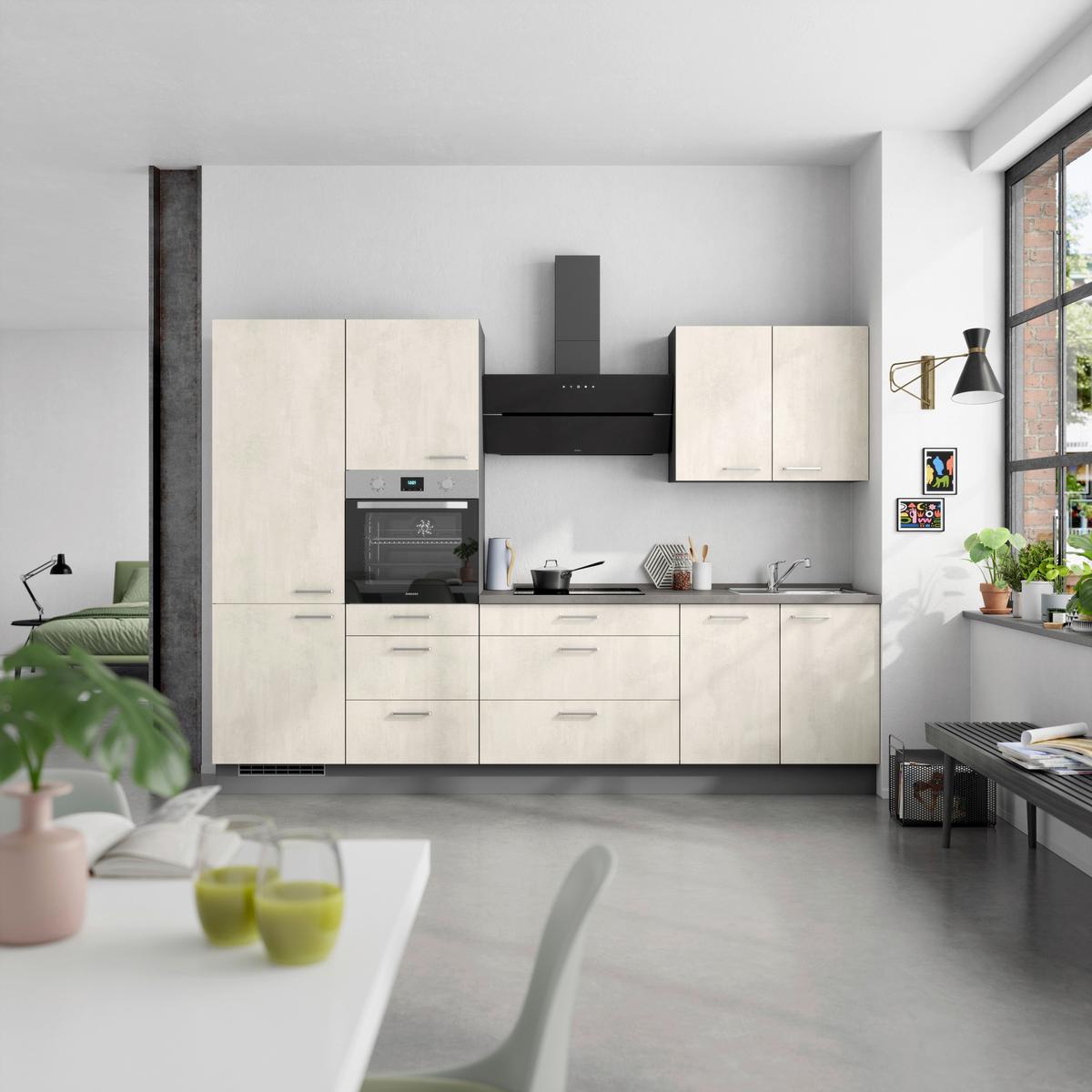 Kuchynská linka 300CM biely betón/ bridlicová šedá - biela/farba ušľachtilej ocele, Modern, kov/kompozitné drevo (300cm) - Nobilia