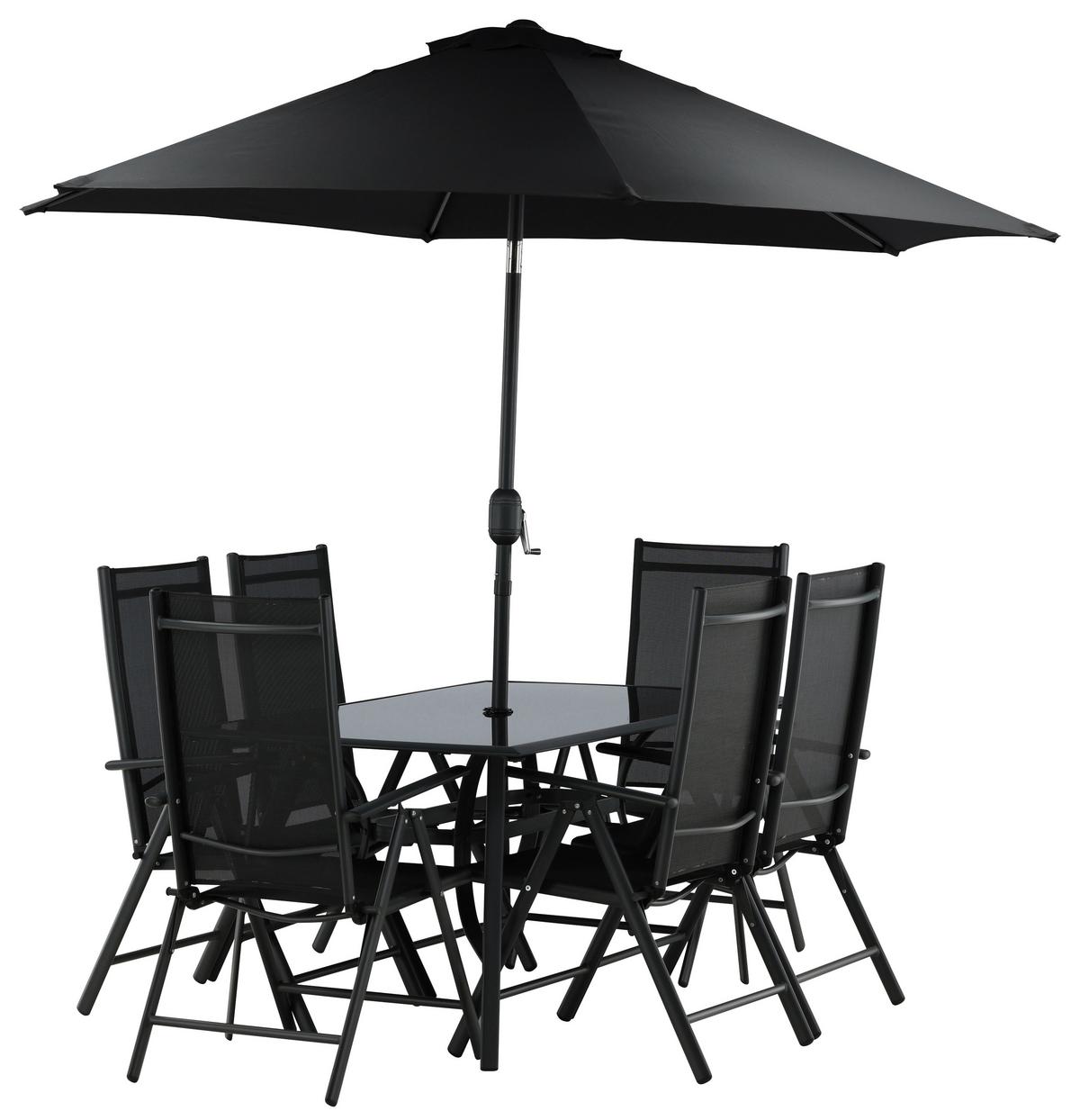 Gartentischgruppe 8-Tlg Brekki aus Aluminium mit Schirm - Schwarz, KONVENTIONELL, Glas/Metall - Gardenson