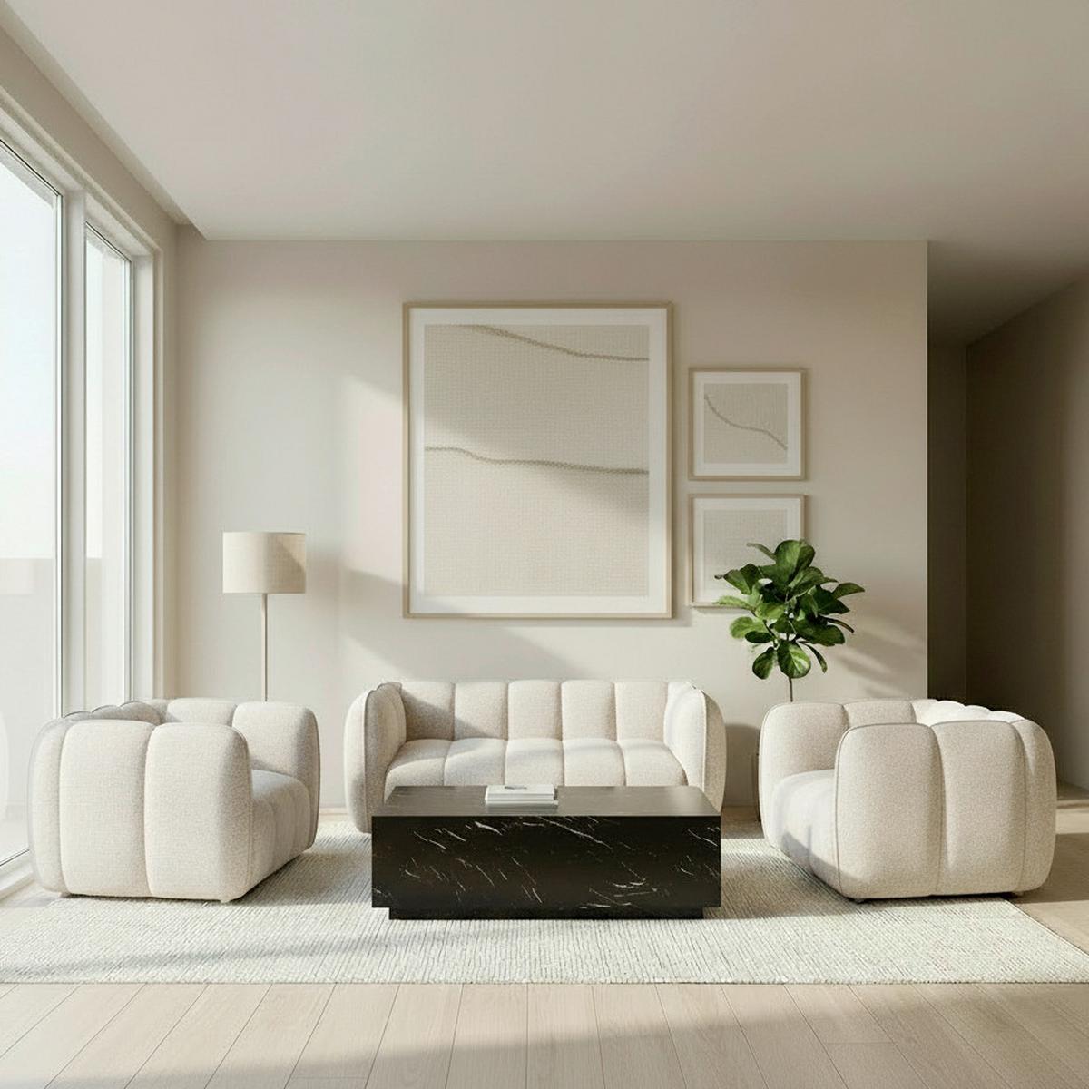 Sedací sestava SANDRA, 3-dílná, krémová žinylka - černá/krémová, Moderní, dřevo/textil - Bessagi Home