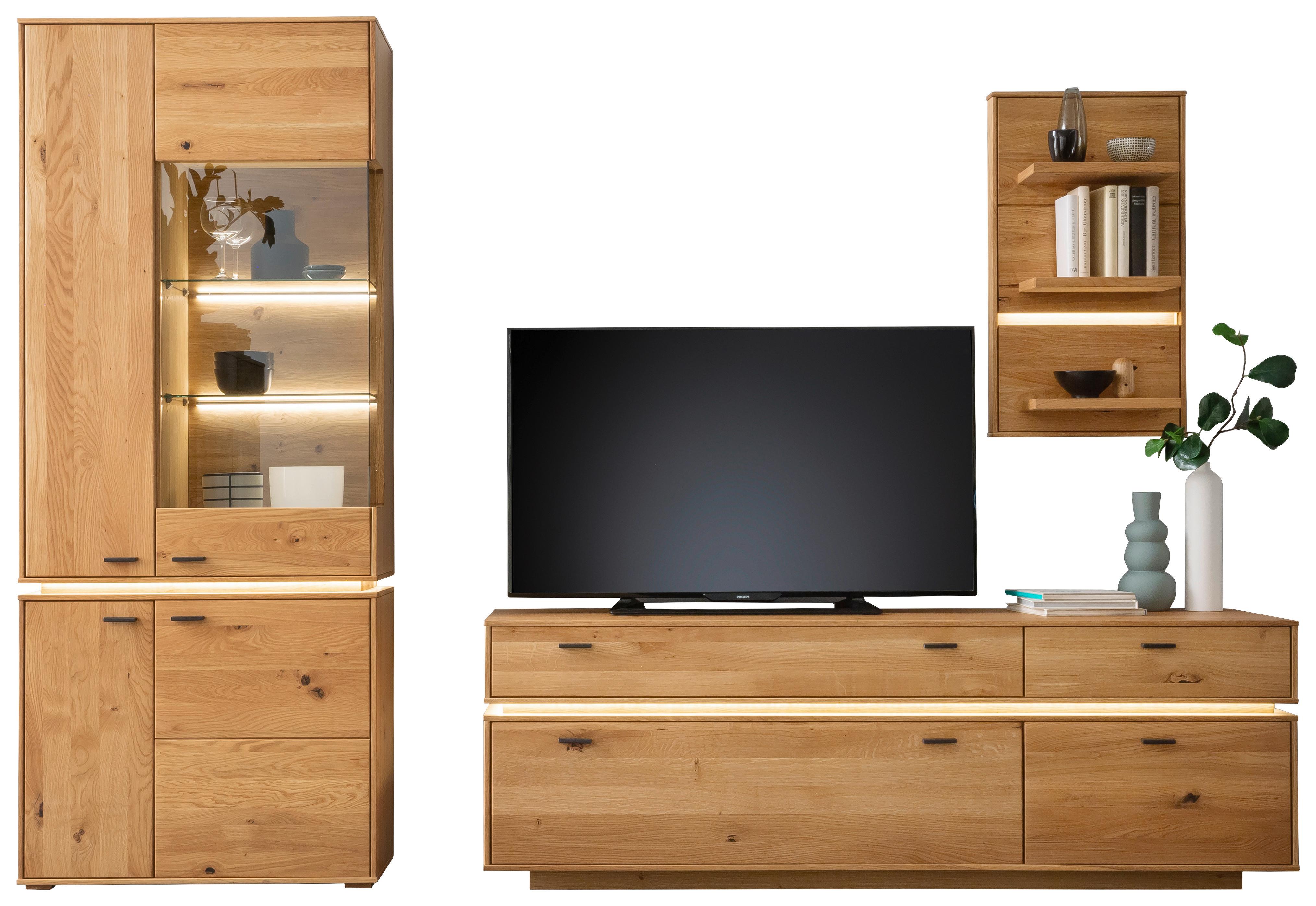 Wohnkombination Massiv 3-Tlg. Como Wildeiche - Wildeiche, Natur, Glas/Holz (276/202/51cm) - MID.YOU