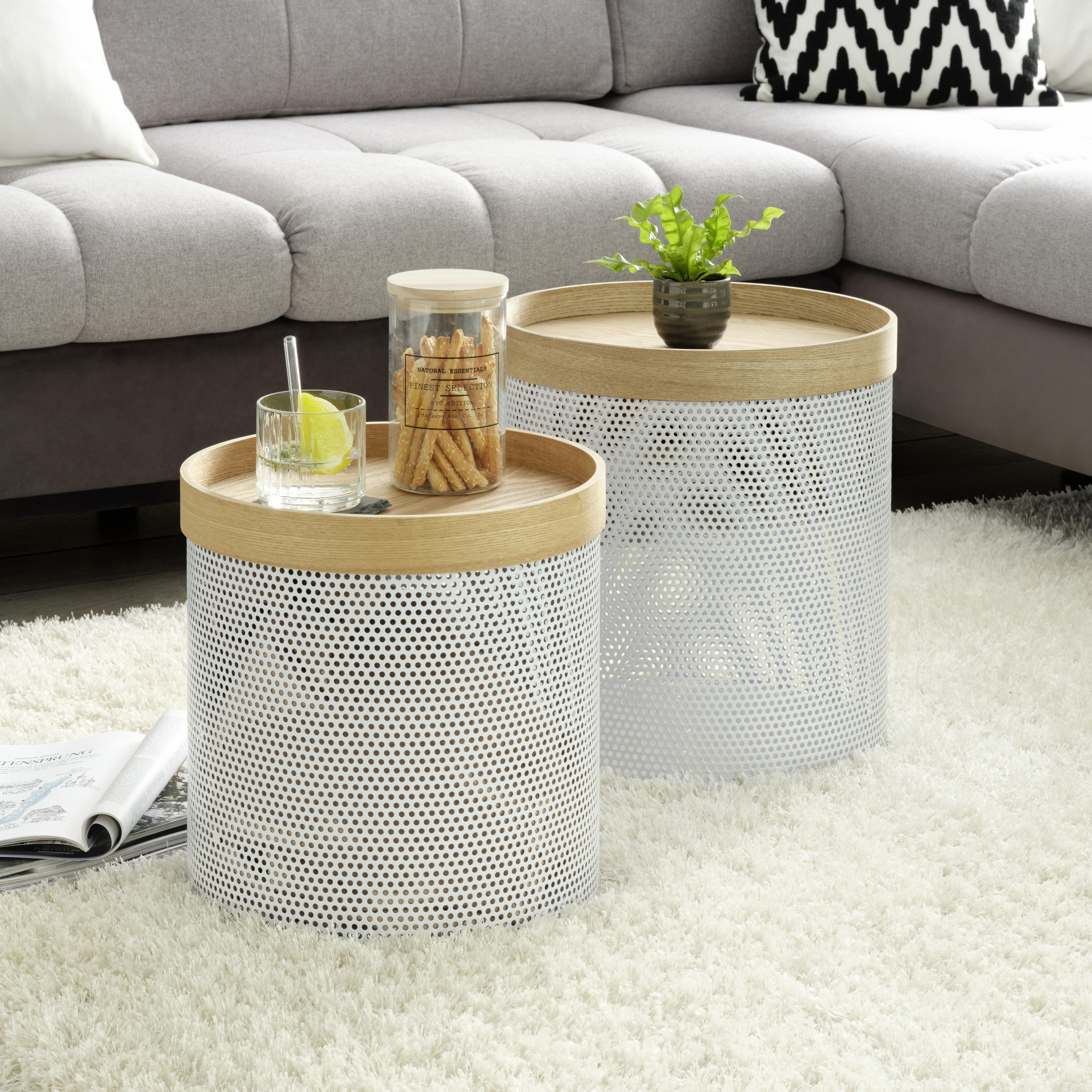 Sada Odkládacích Stolků Nanette -Trend- - bílá/přírodní barvy, Moderní, kov/dřevo (38/35/40.5/35/38/35cm) - Modern Living
